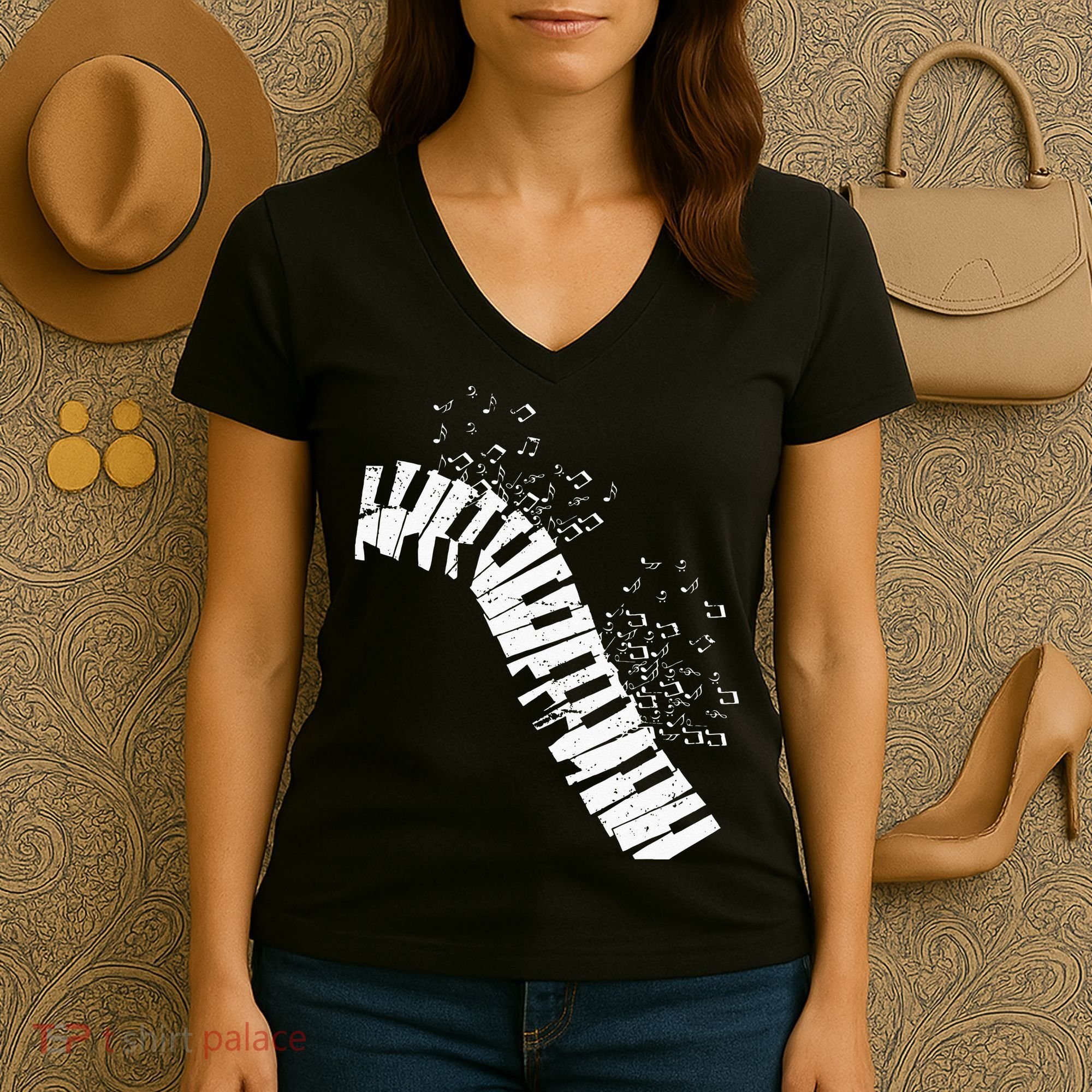 Music Notes Classical Music Instrument Piano Women's V-Neck T-Shirt