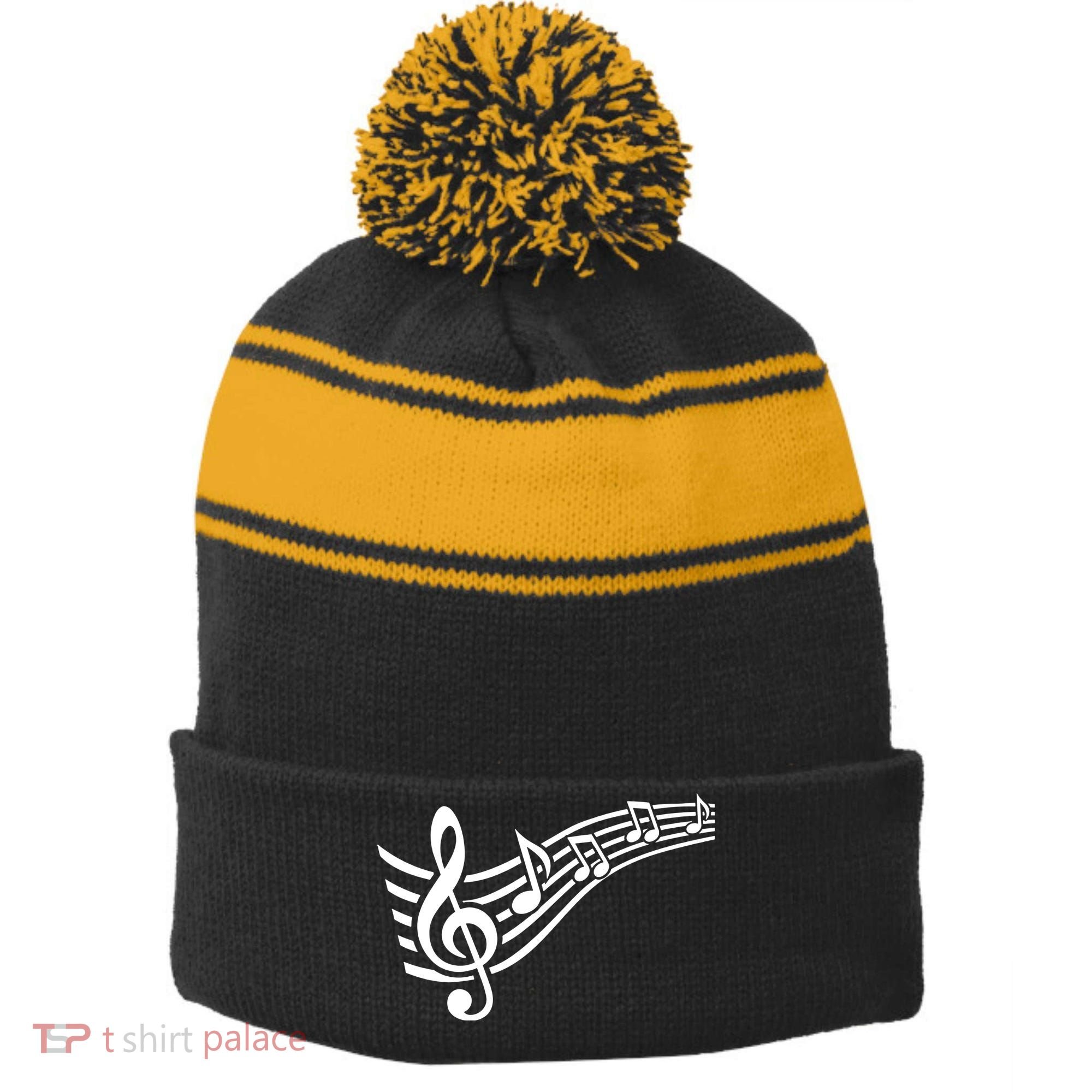 Music Notes Clef Stripe Pom Pom Beanie