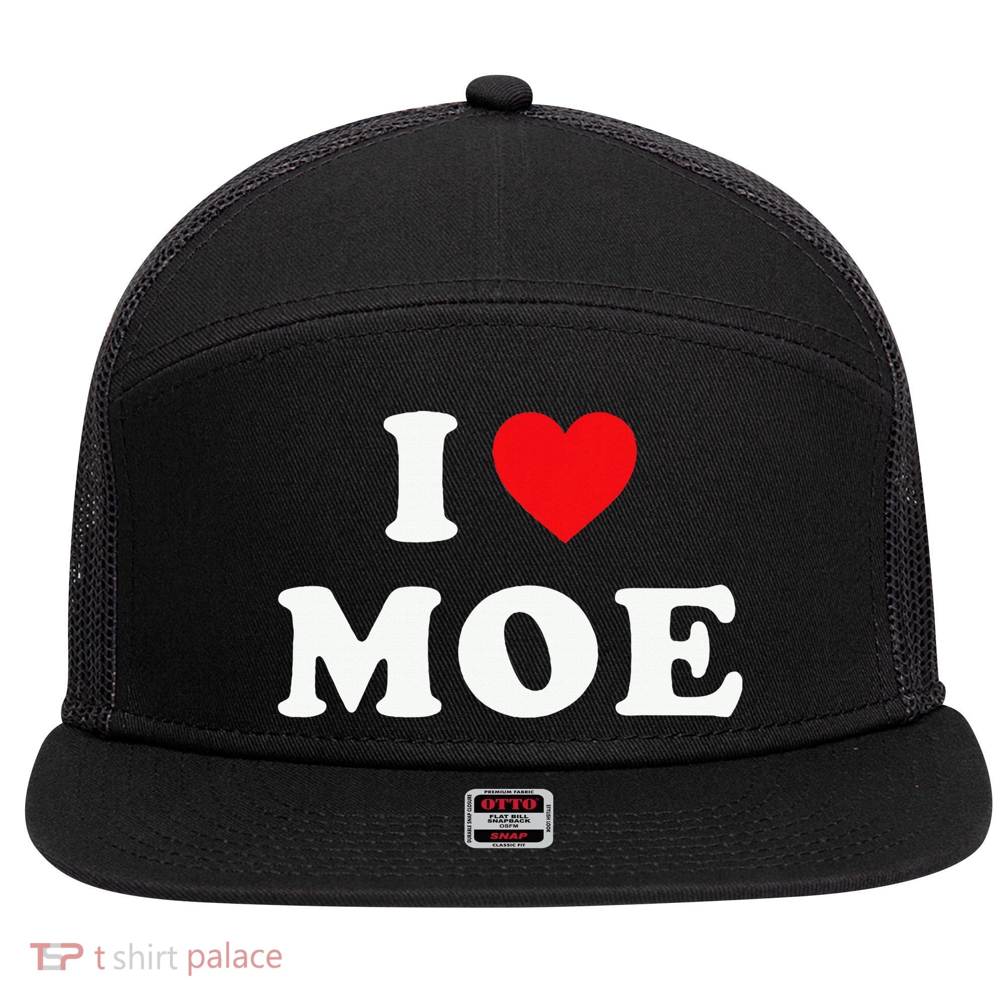 Moe Name Gift I Love Moe Heart Moe 7 Panel Mesh Trucker Snapback Hat