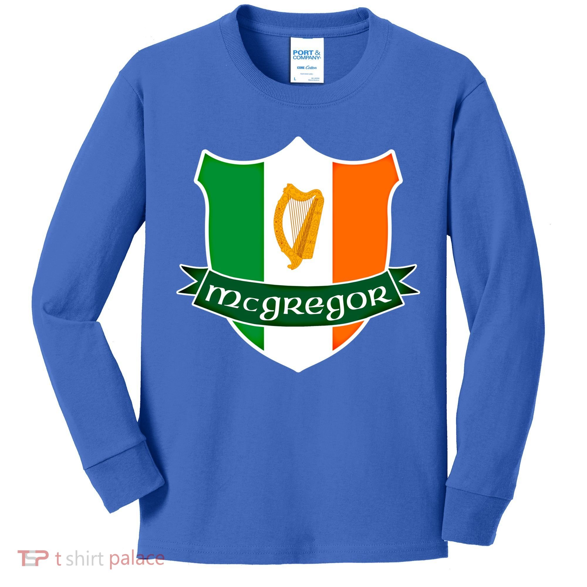 Mcgregor Name Irish Gift Irish Flag Harp Crest Kids Long Sleeve Shirt
