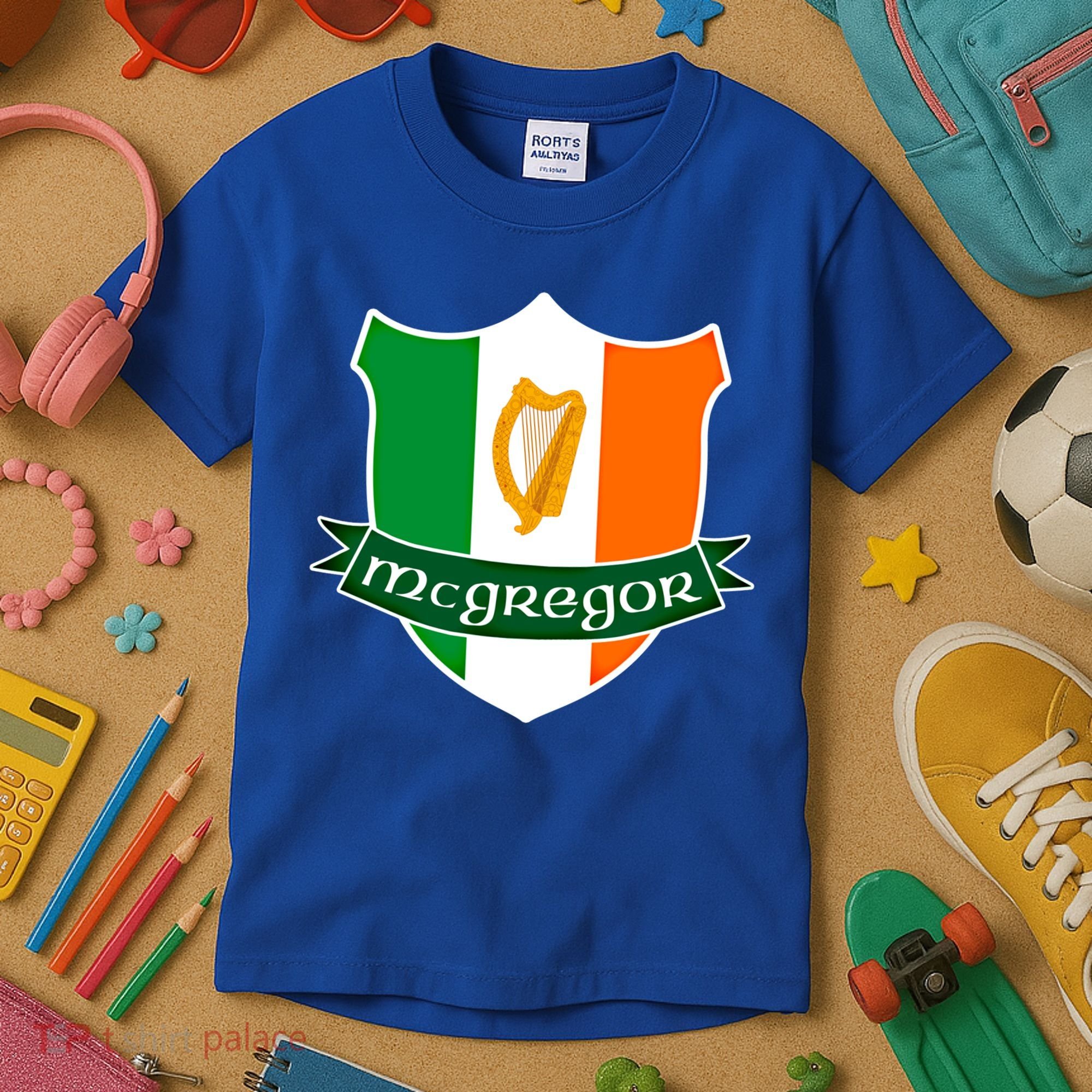Mcgregor Name Irish Gift Irish Flag Harp Crest Kids T-Shirt