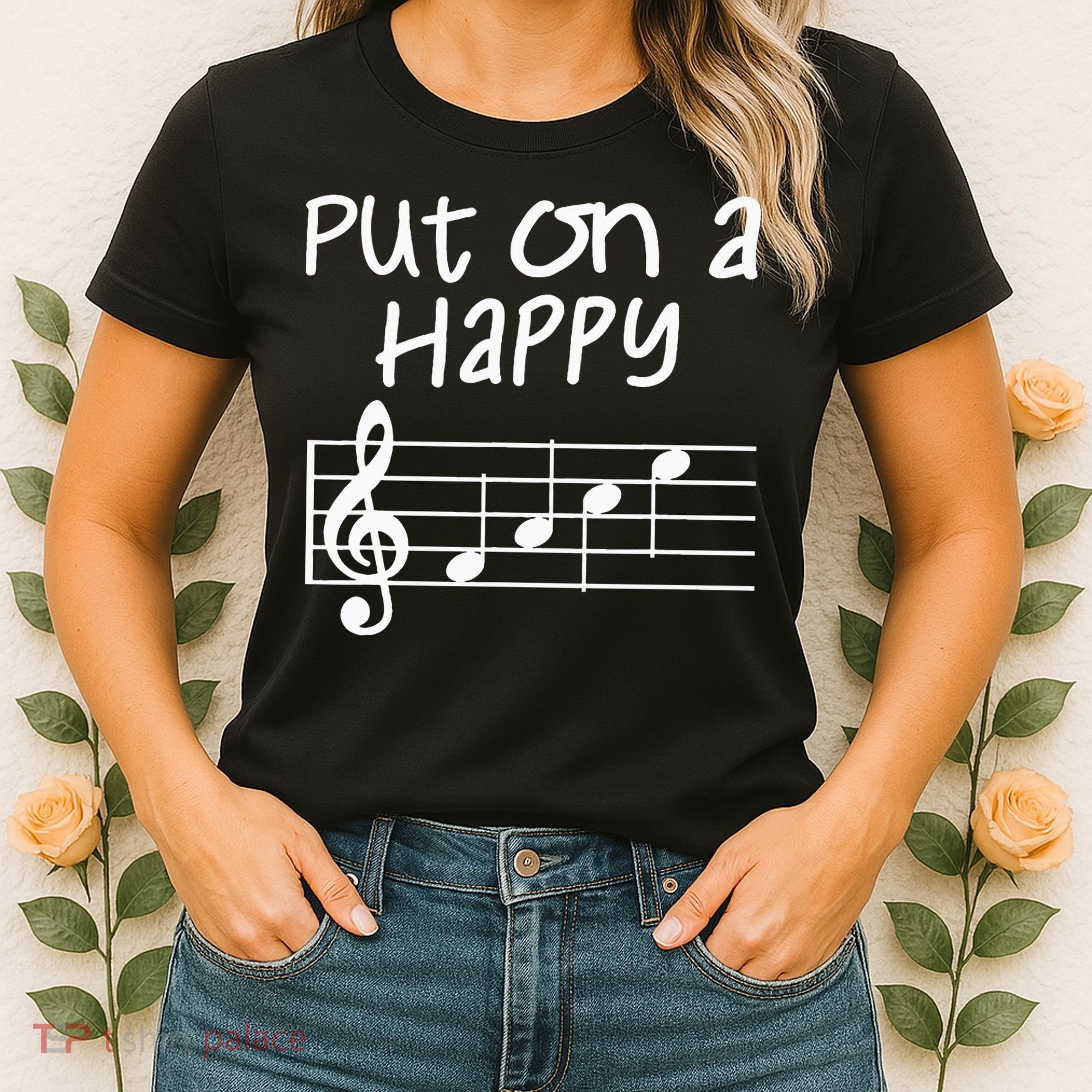 Musical Notes Put On A Happy Face Cute Music Loving Women's T-Shirt