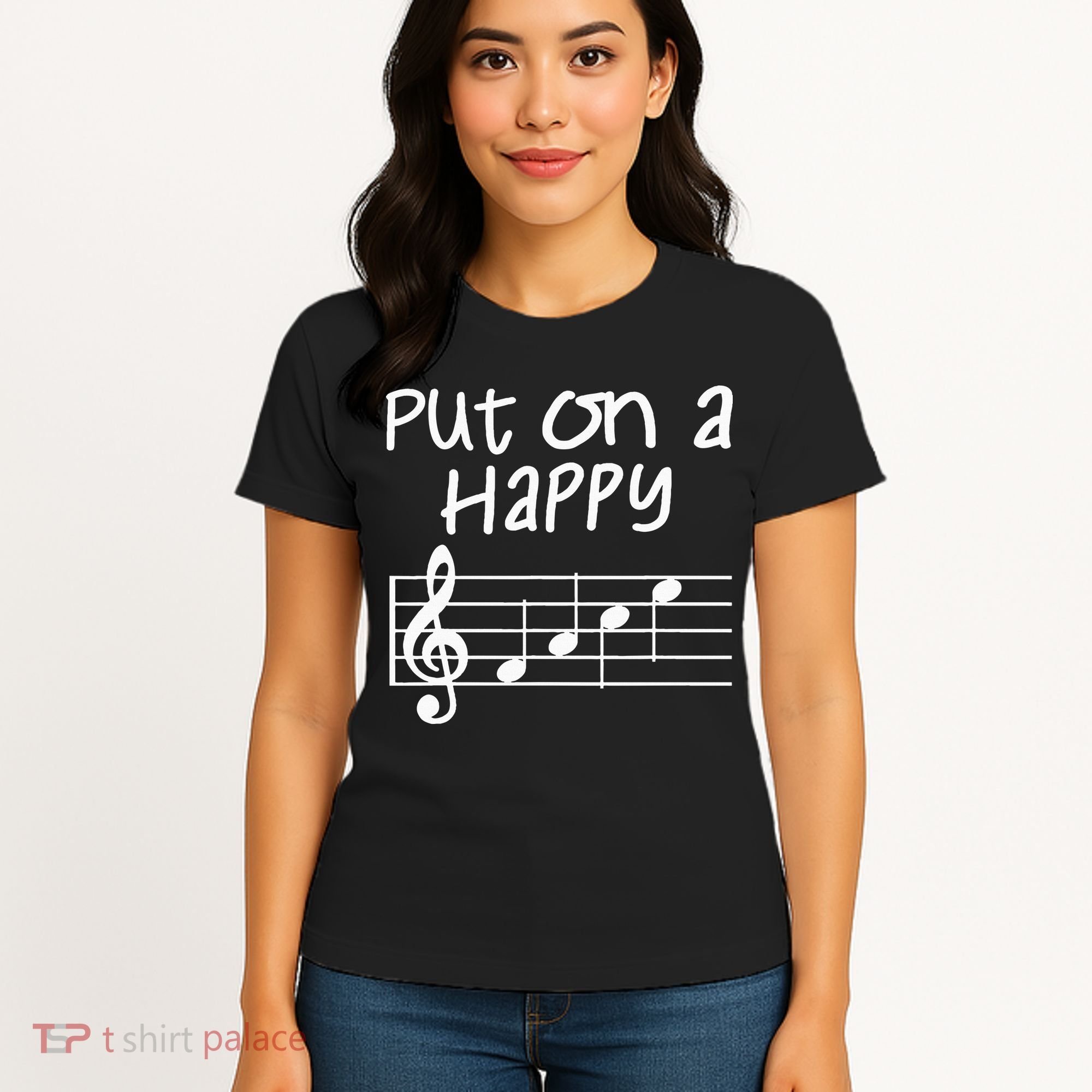 Musical Notes Put On A Happy Face Cute Music Loving Women's T-Shirt