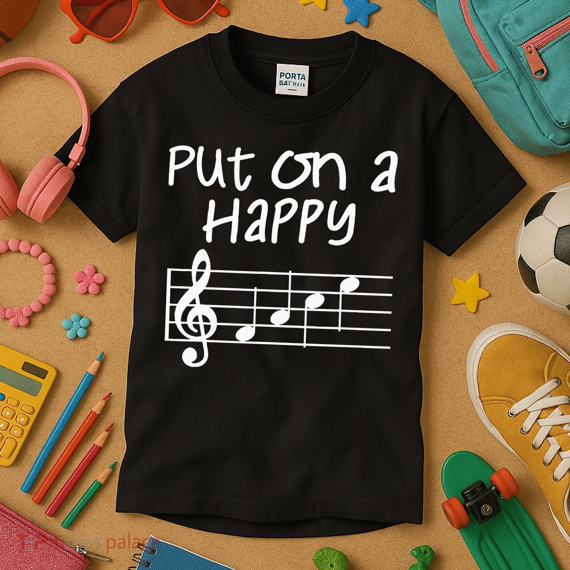 Musical Notes Put On A Happy Face Cute Music Loving Kids T-Shirt