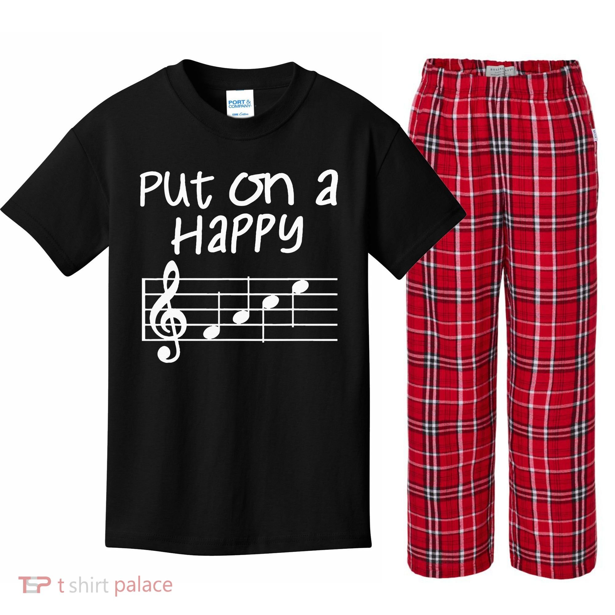 Musical Notes Put On A Happy Face Cute Music Loving Kids Plaid Pajama Set