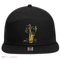 Music Notes Treble Clef Saxophonist Jazz Musician Saxophone 7 Panel Mesh Trucker Snapback Hat thumb 0
