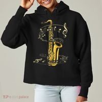Music Notes Treble Clef Saxophonist Jazz Musician Saxophone Ladies Heavyweight Boxy Pullover Hoodie thumb 0