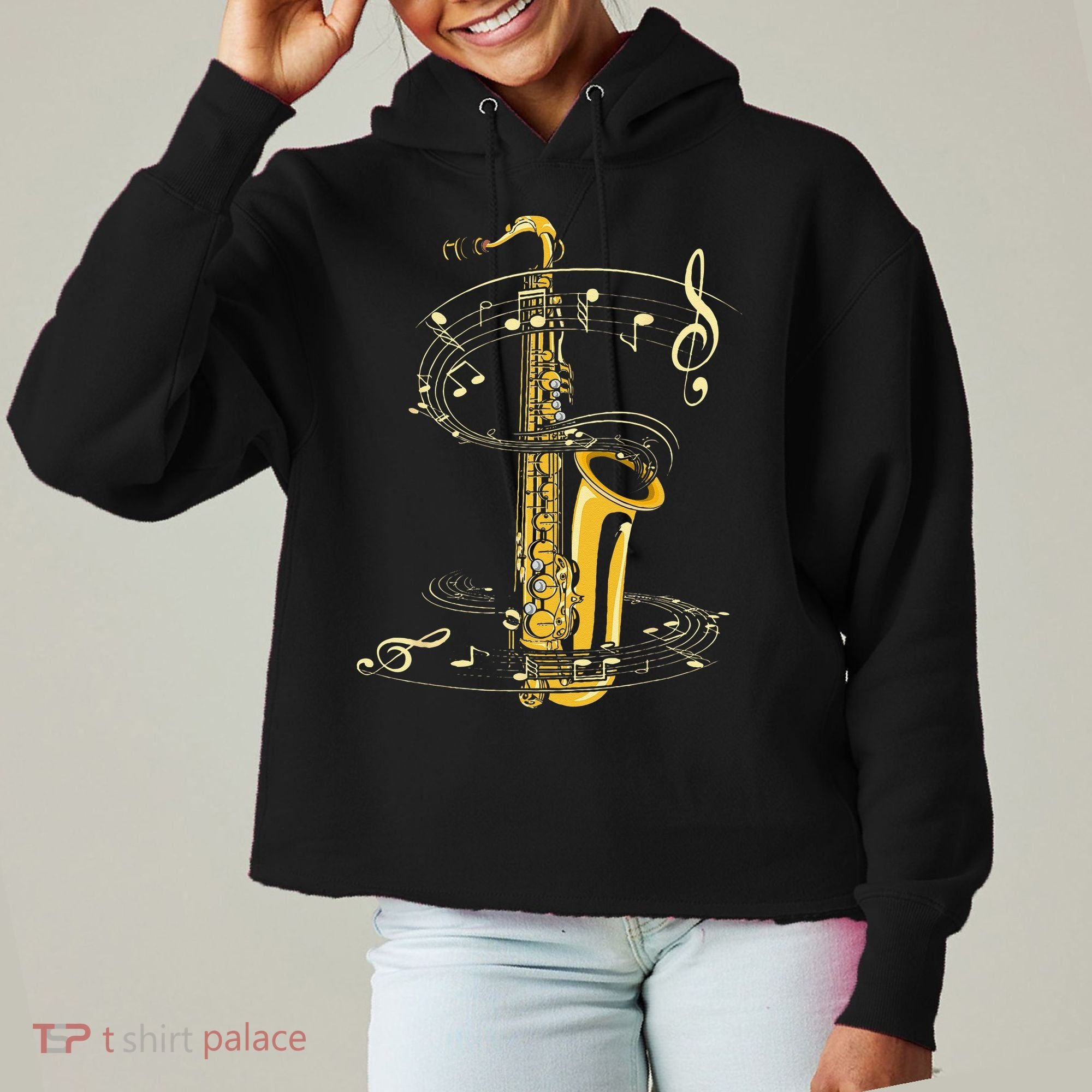 Music Notes Treble Clef Saxophonist Jazz Musician Saxophone Ladies Heavyweight Boxy Pullover Hoodie
