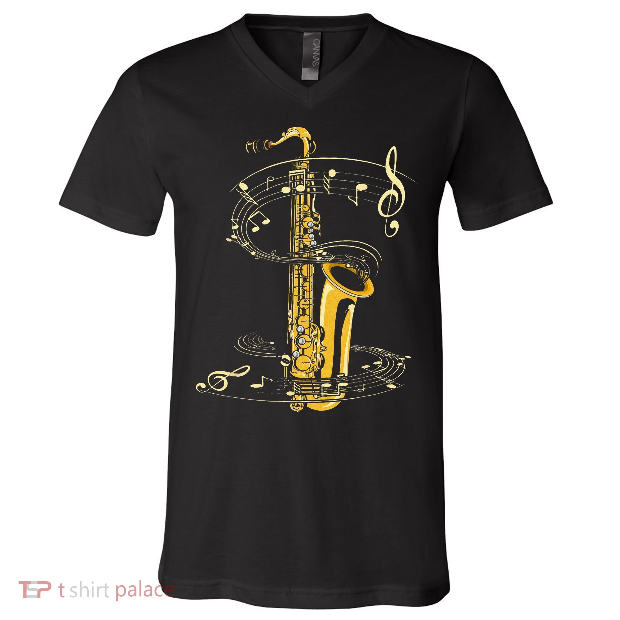 Music Notes Treble Clef Saxophonist Jazz Musician Saxophone V-Neck T-Shirt