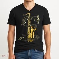 Music Notes Treble Clef Saxophonist Jazz Musician Saxophone V-Neck T-Shirt thumb 2