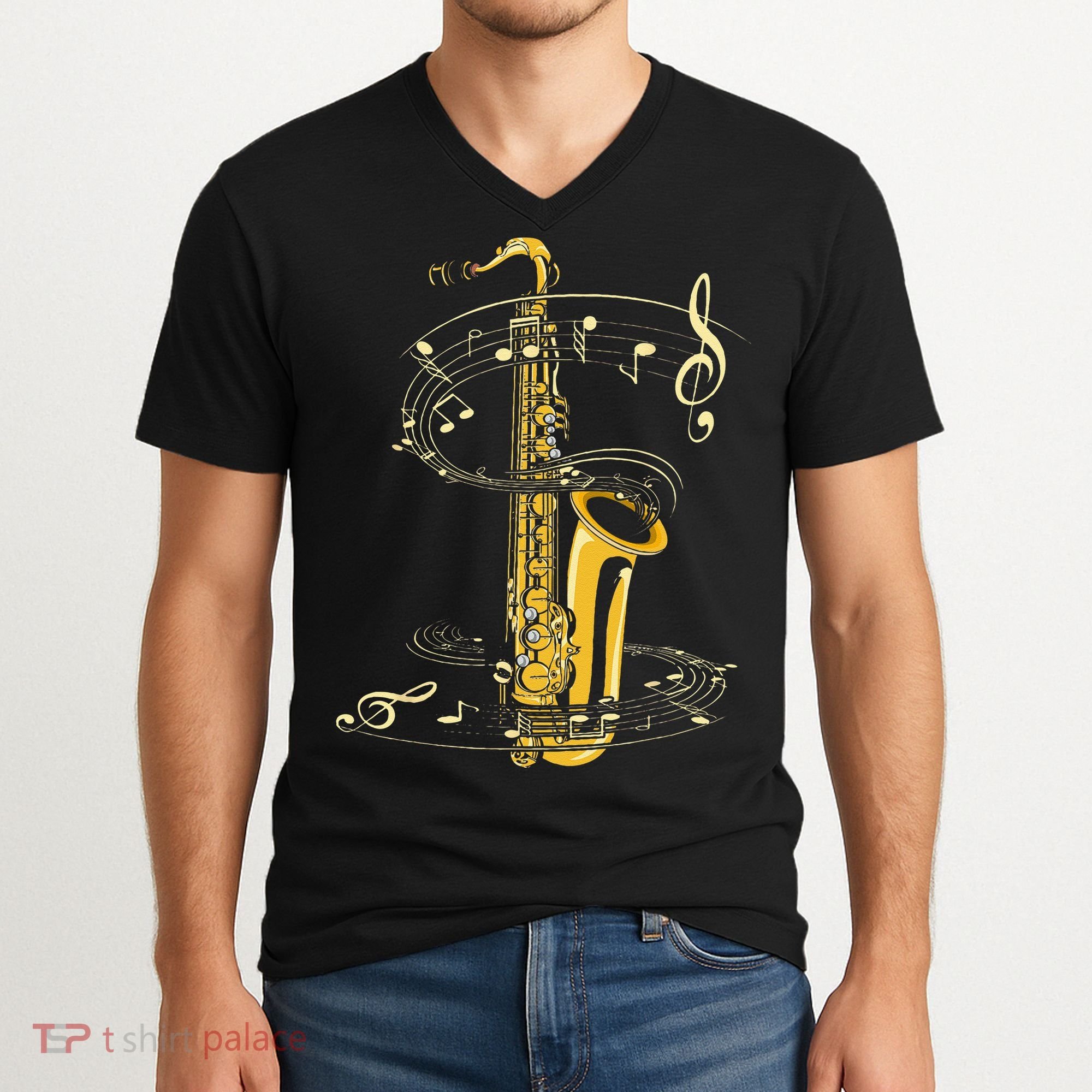 Music Notes Treble Clef Saxophonist Jazz Musician Saxophone V-Neck T-Shirt
