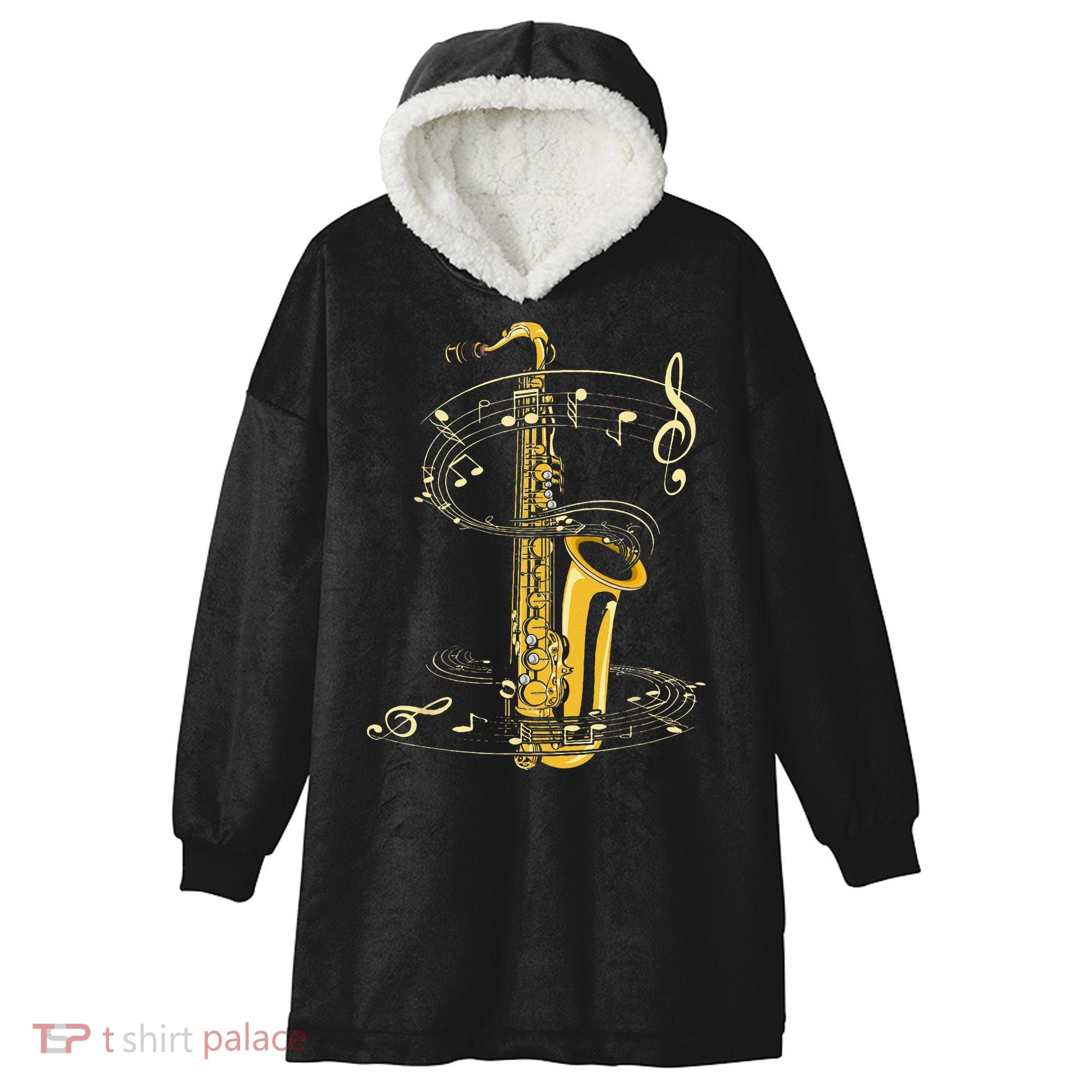 Music Notes Treble Clef Saxophonist Jazz Musician Saxophone Hooded Wearable Blanket