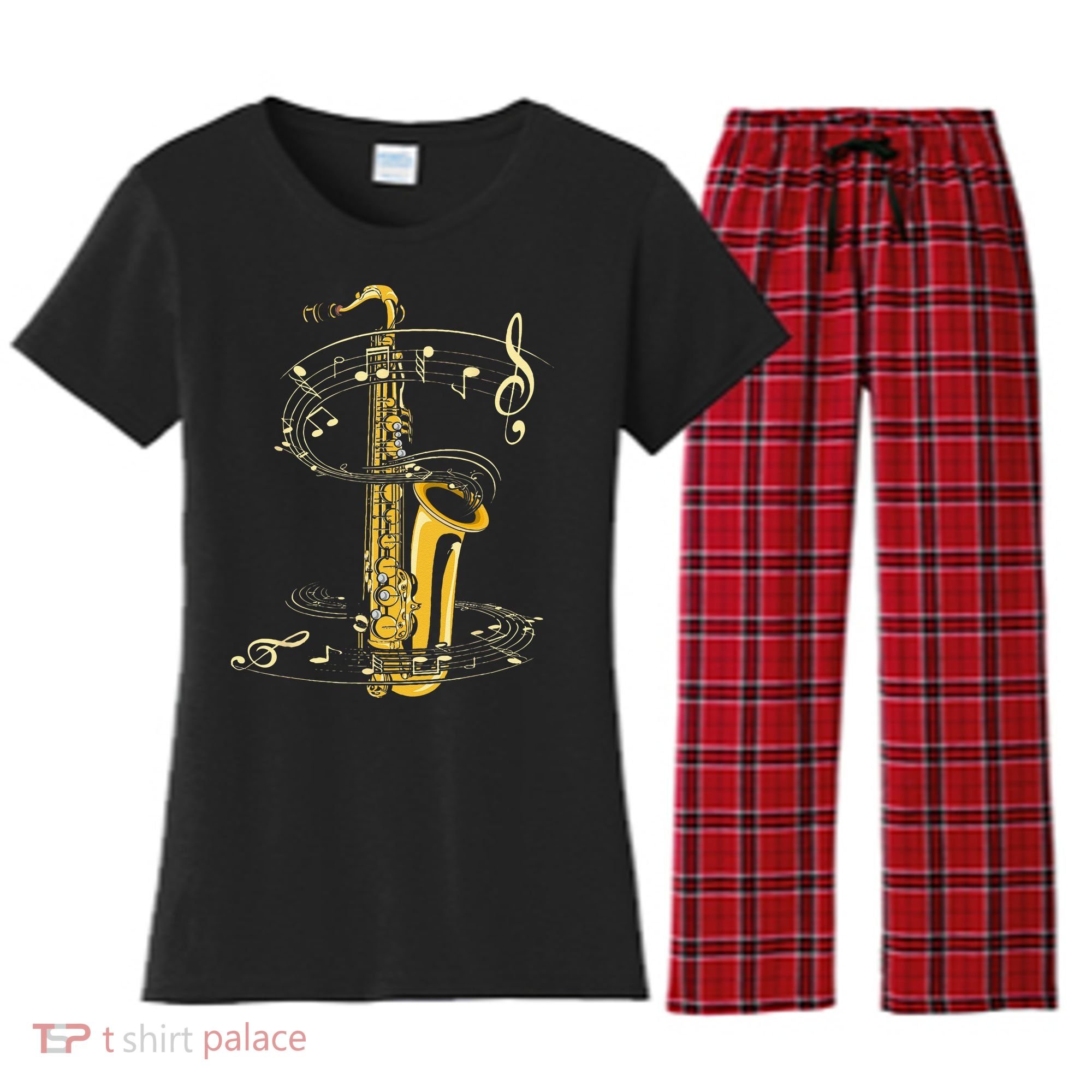 Music Notes Treble Clef Saxophonist Jazz Musician Saxophone Women's Flannel Pajama Set