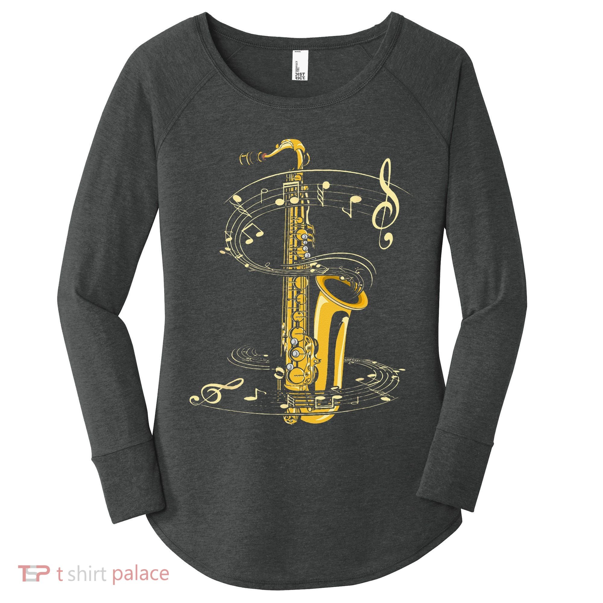 Music Notes Treble Clef Saxophonist Jazz Musician Saxophone Women's Perfect Tri Tunic Long Sleeve Shirt
