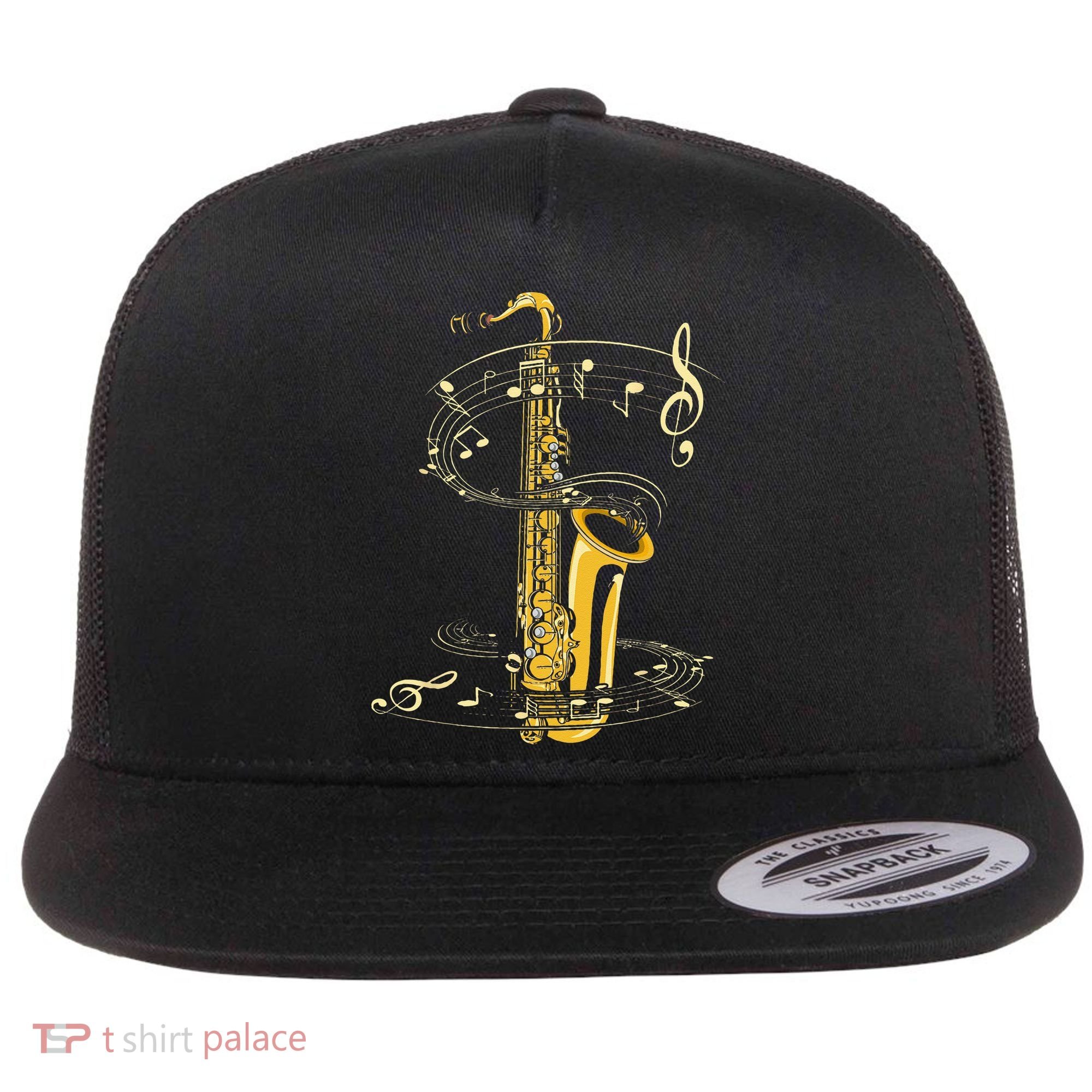 Music Notes Treble Clef Saxophonist Jazz Musician Saxophone Flat Bill Trucker Hat