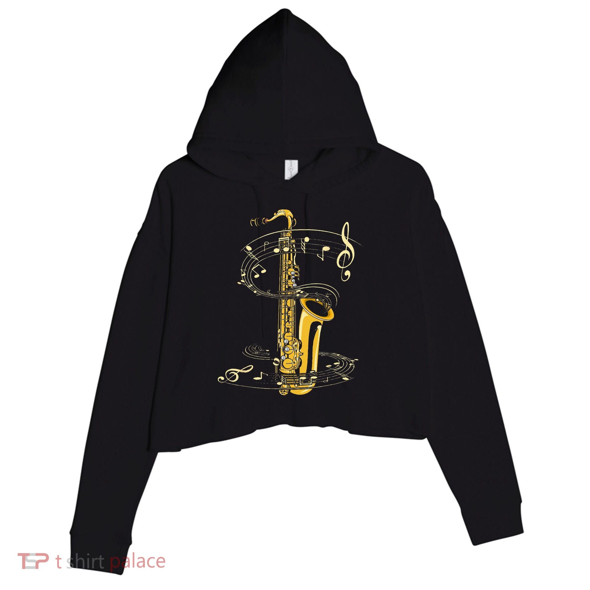 Music Notes Treble Clef Saxophonist Jazz Musician Saxophone Crop Fleece Hoodie