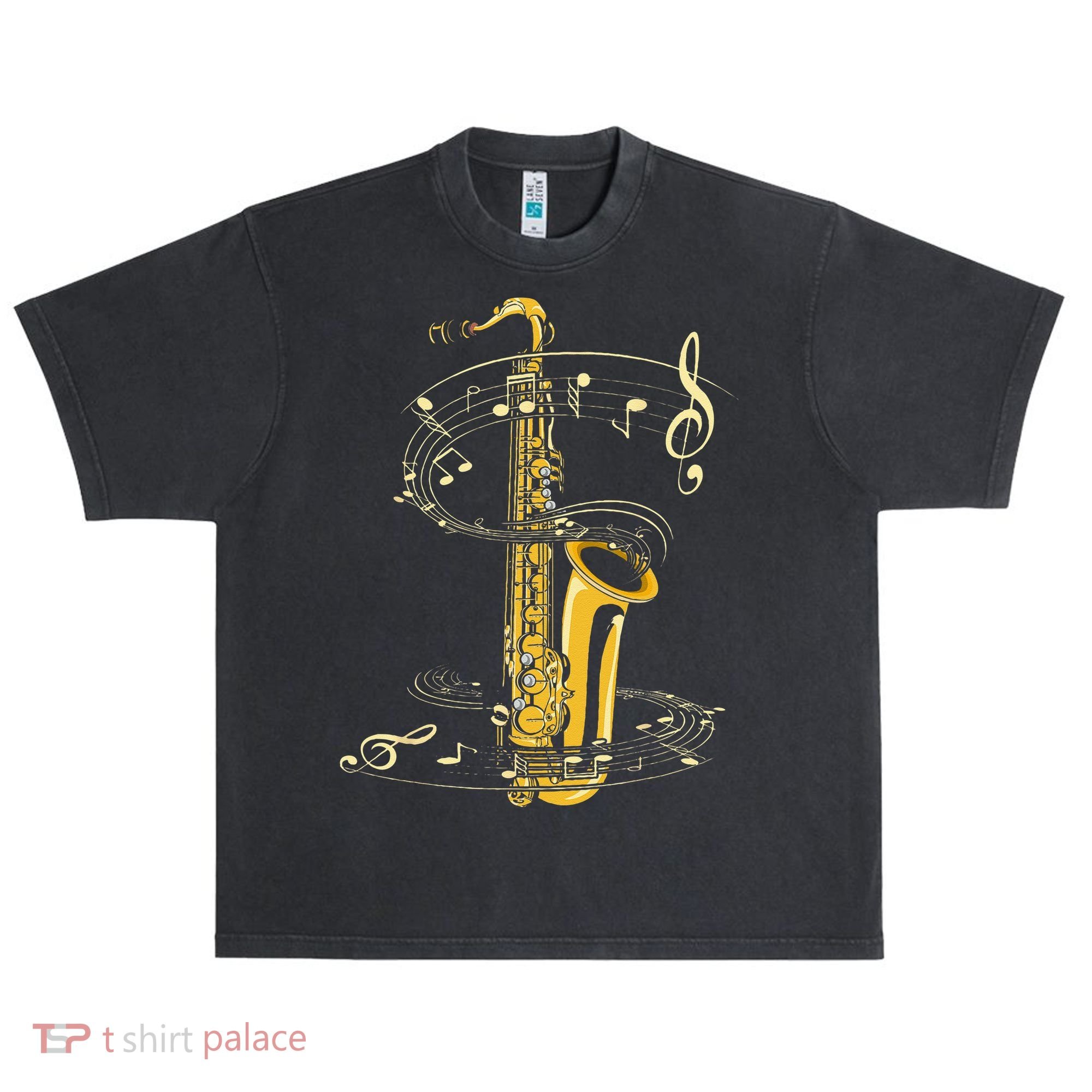 Music Notes Treble Clef Saxophonist Jazz Musician Saxophone Urban Oversized Heavyweight T-Shirt