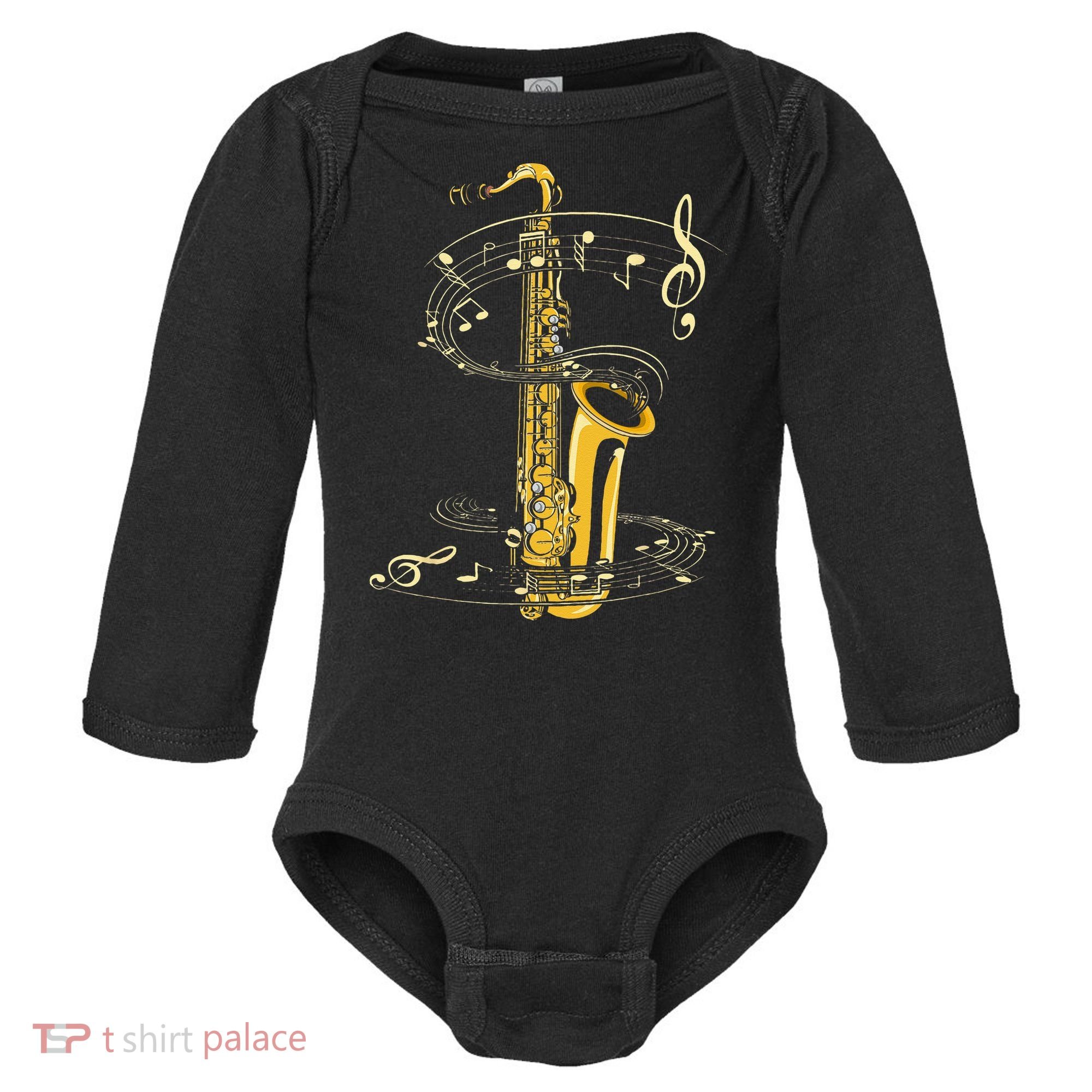 Music Notes Treble Clef Saxophonist Jazz Musician Saxophone Baby Long Sleeve Bodysuit