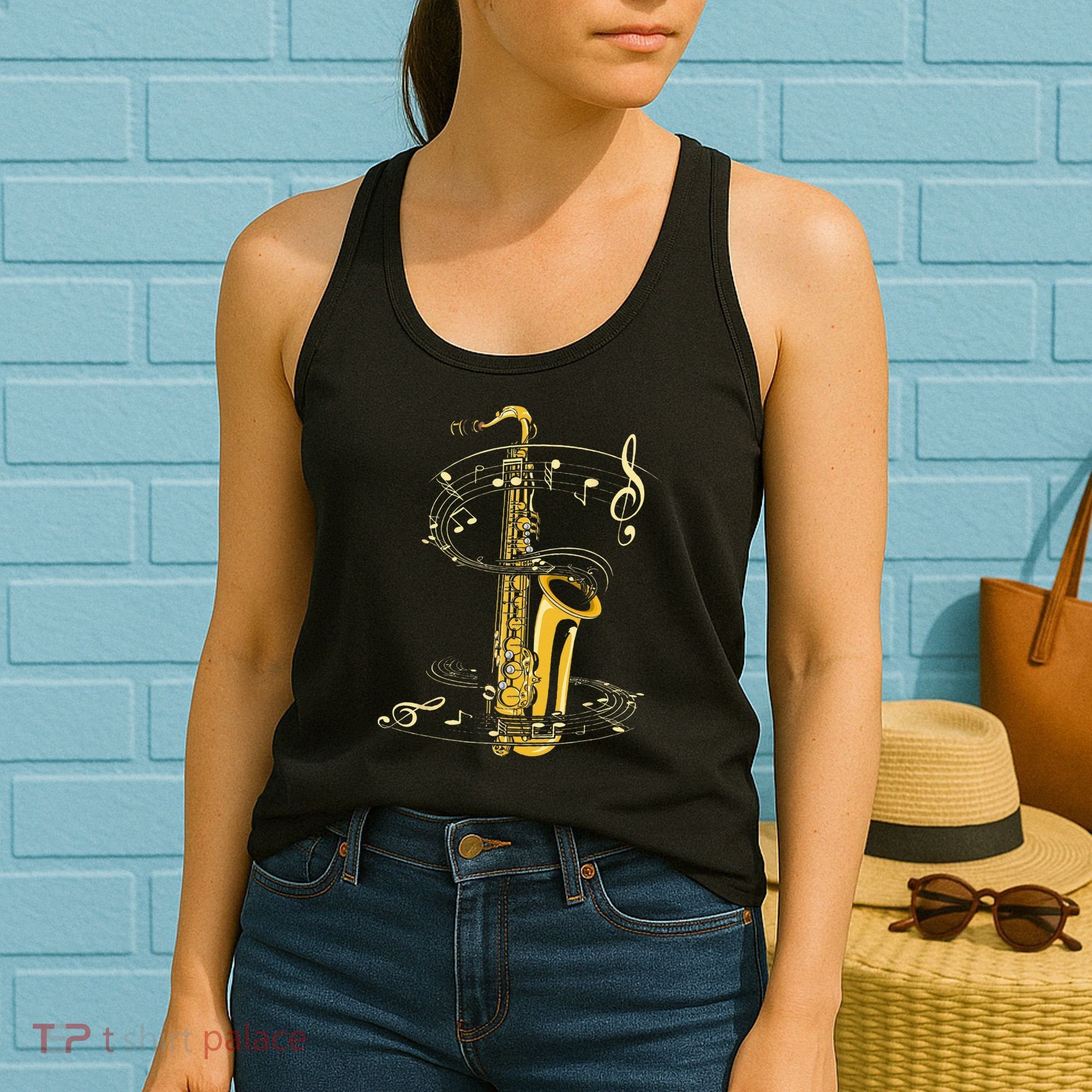Music Notes Treble Clef Saxophonist Jazz Musician Saxophone Women's Tank Top