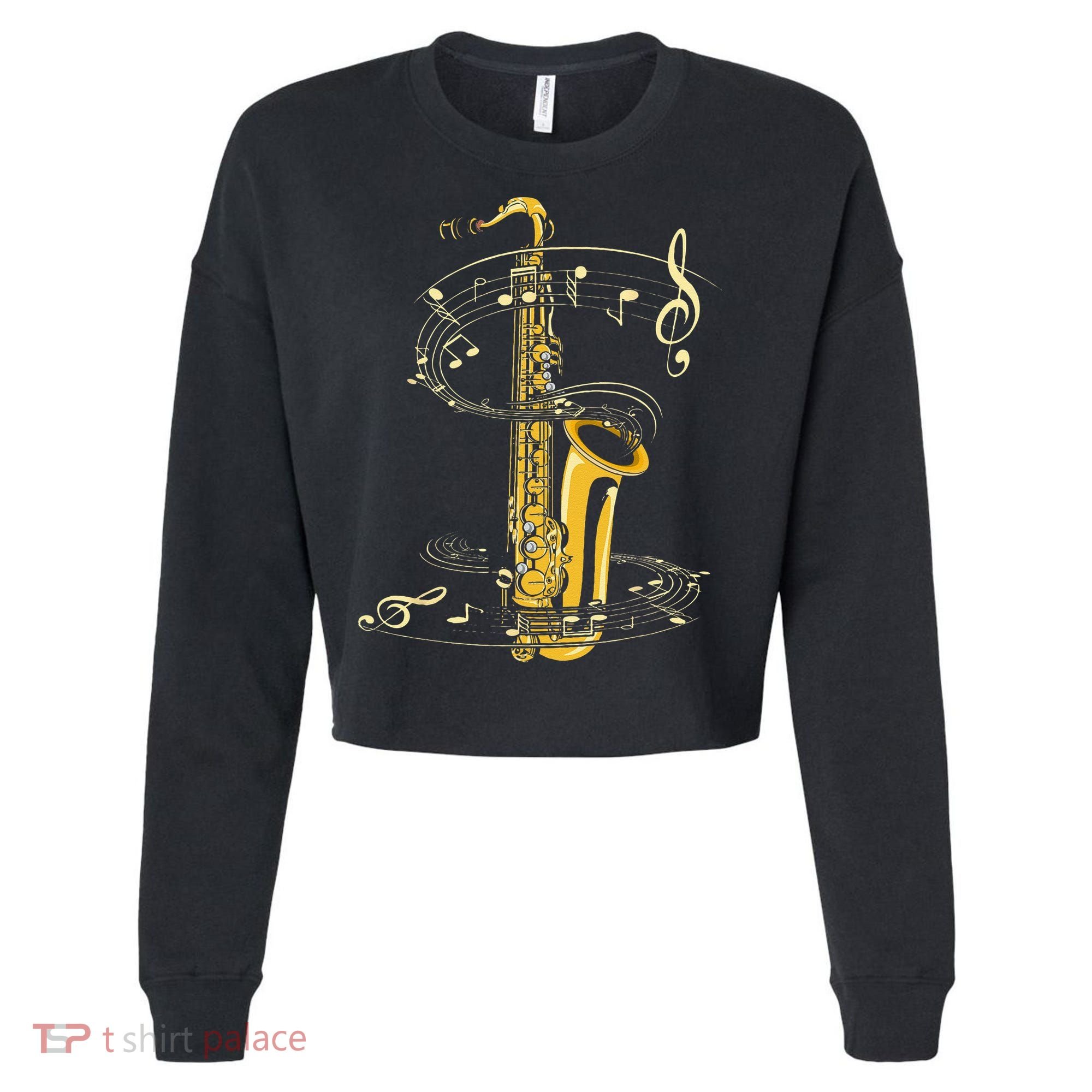 Music Notes Treble Clef Saxophonist Jazz Musician Saxophone Cropped Pullover Crew