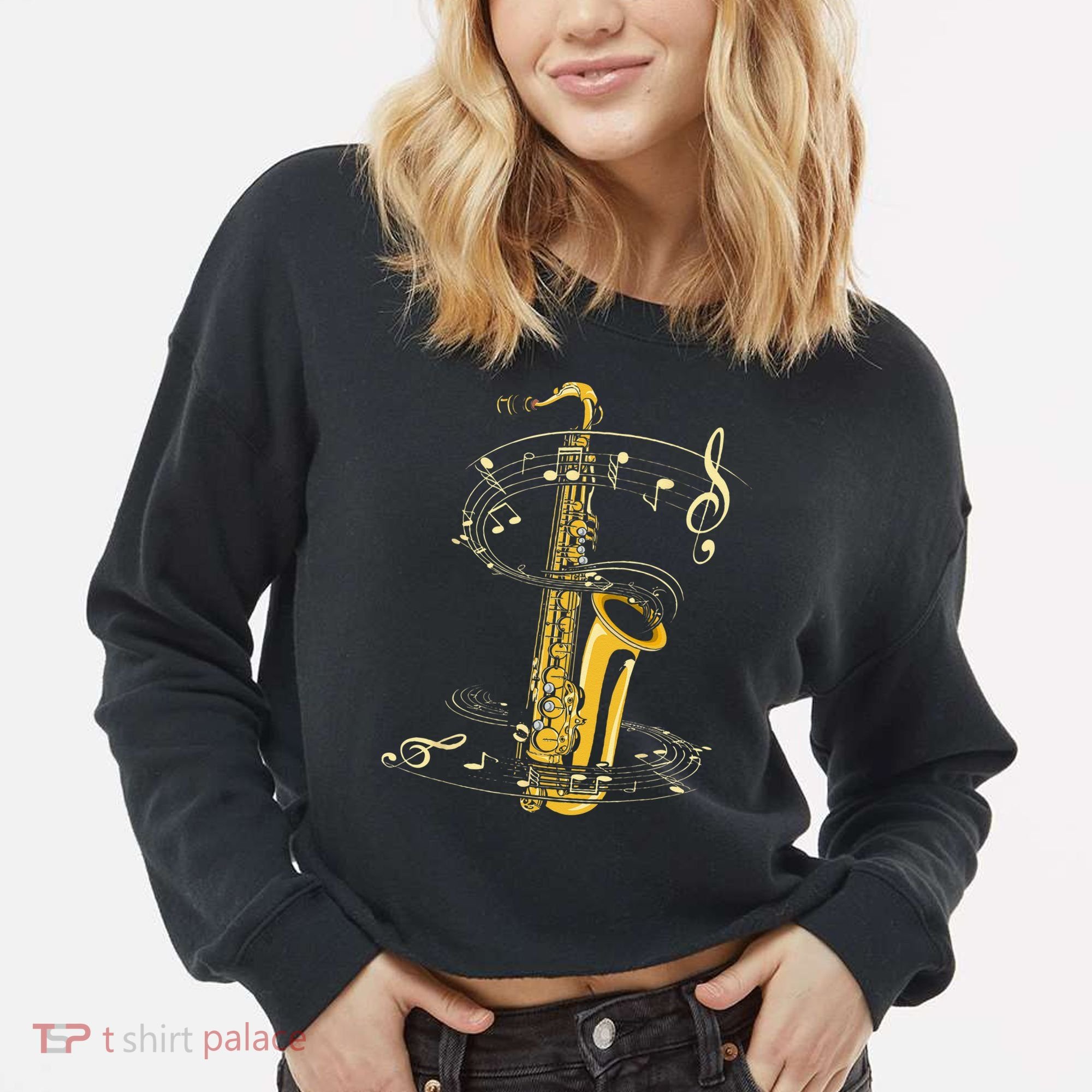 Music Notes Treble Clef Saxophonist Jazz Musician Saxophone Cropped Pullover Crew