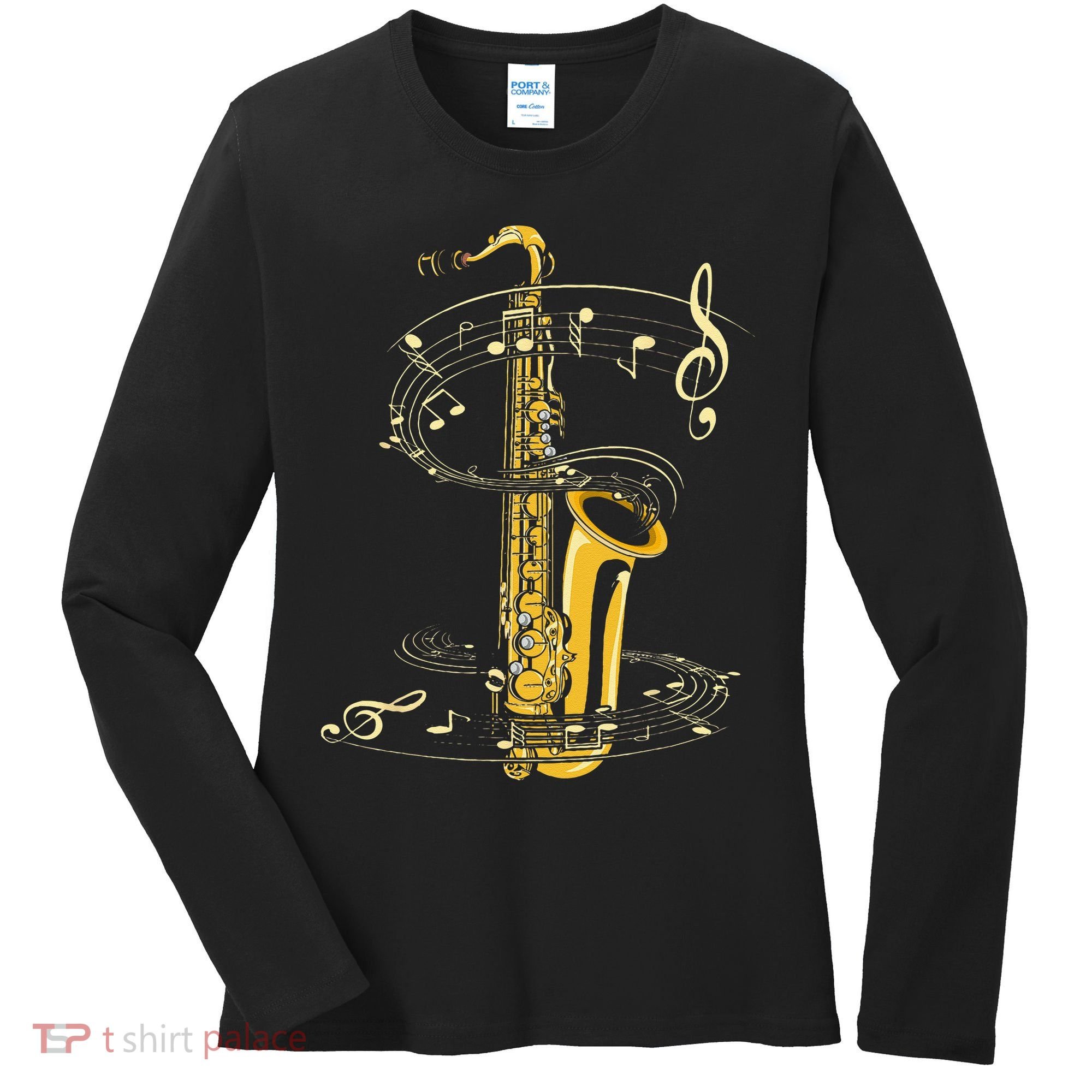 Music Notes Treble Clef Saxophonist Jazz Musician Saxophone Women's Long Sleeve Shirt