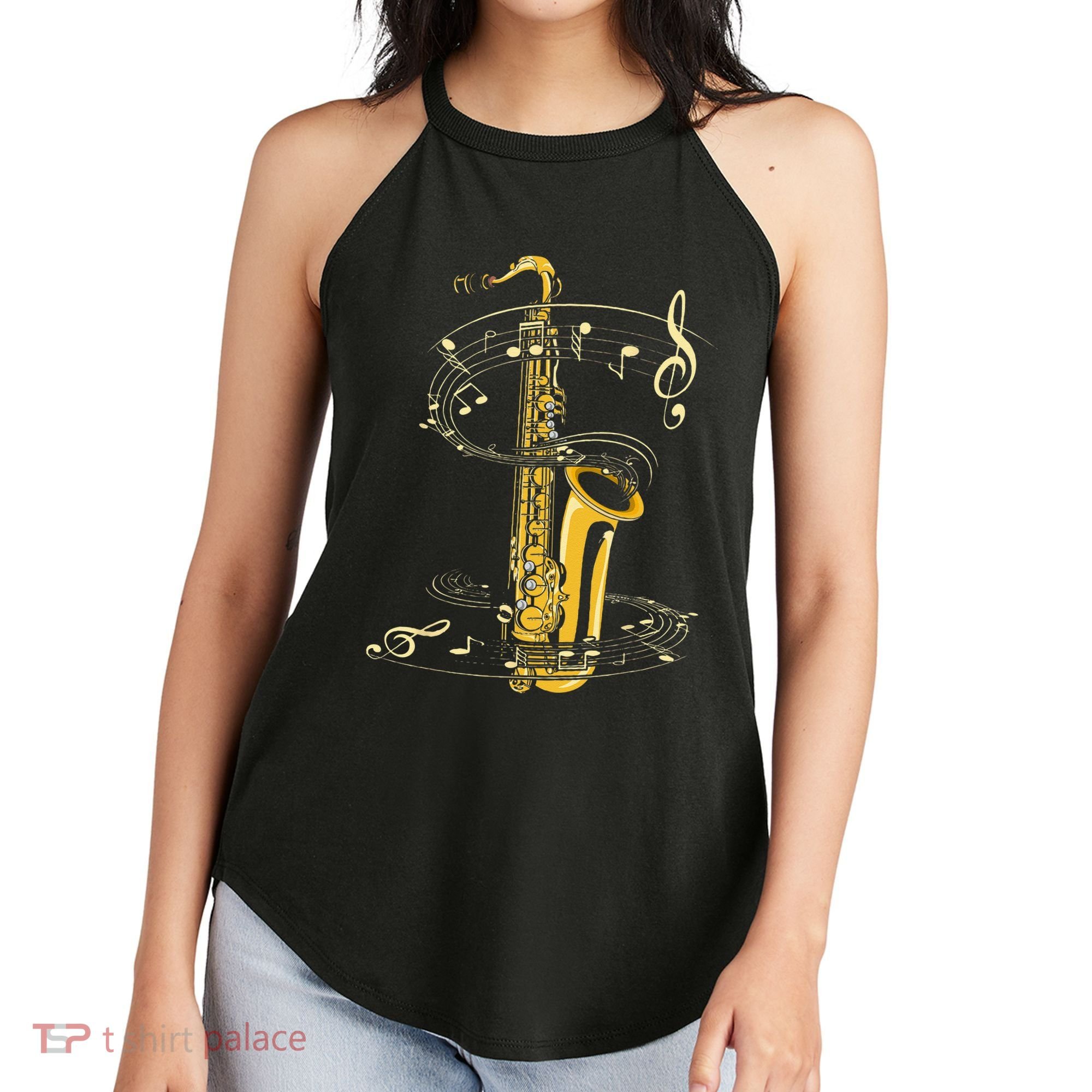 Music Notes Treble Clef Saxophonist Jazz Musician Saxophone Women's Perfect Tri Rocker Tank