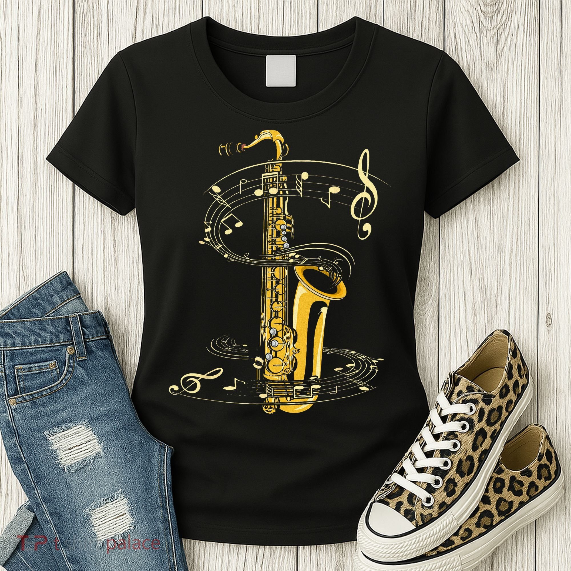 Music Notes Treble Clef Saxophonist Jazz Musician Saxophone Women's T-Shirt