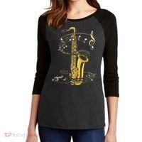 Music Notes Treble Clef Saxophonist Jazz Musician Saxophone Women's Tri-Blend 3/4-Sleeve Raglan Shirt thumb 2
