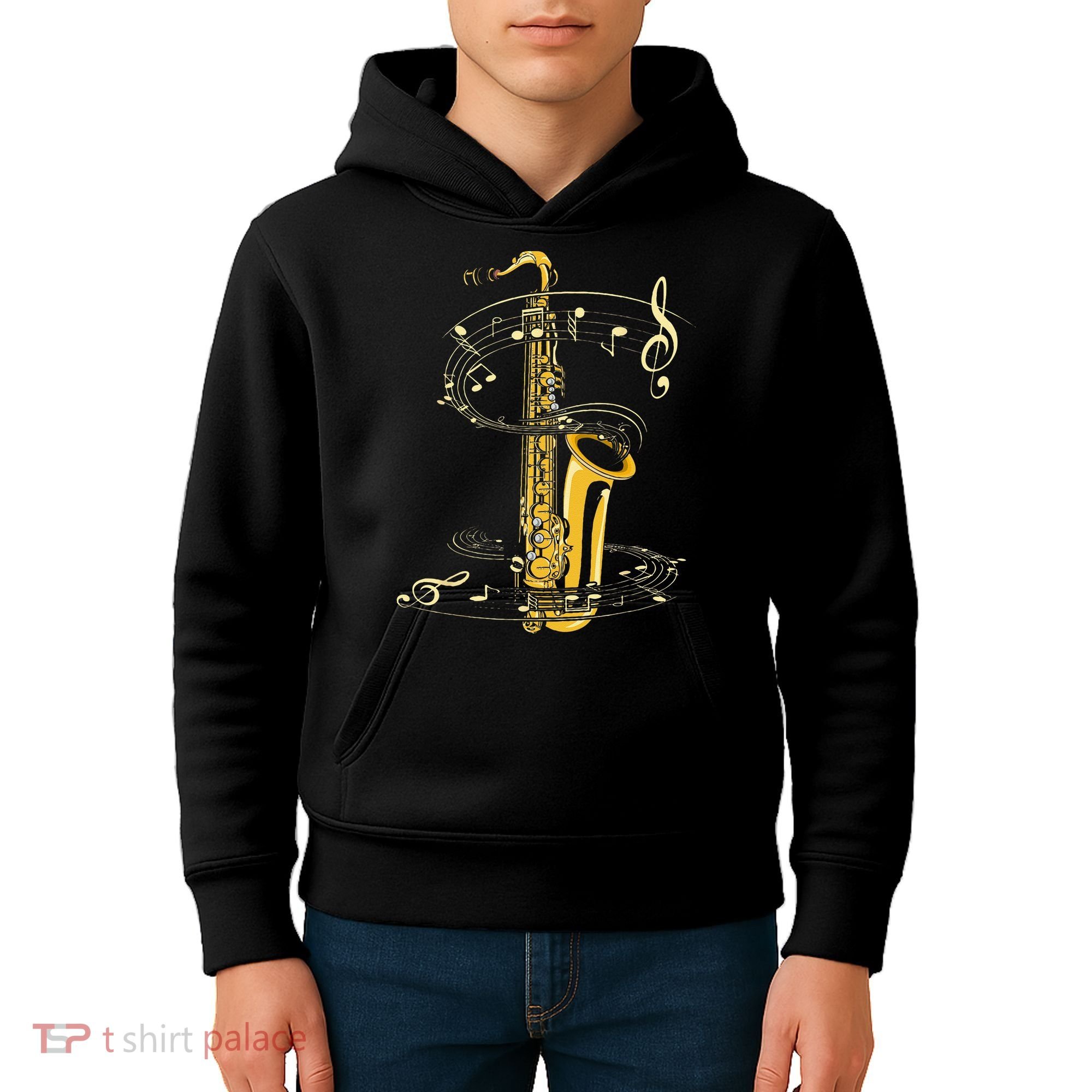 Music Notes Treble Clef Saxophonist Jazz Musician Saxophone Kids Hoodie