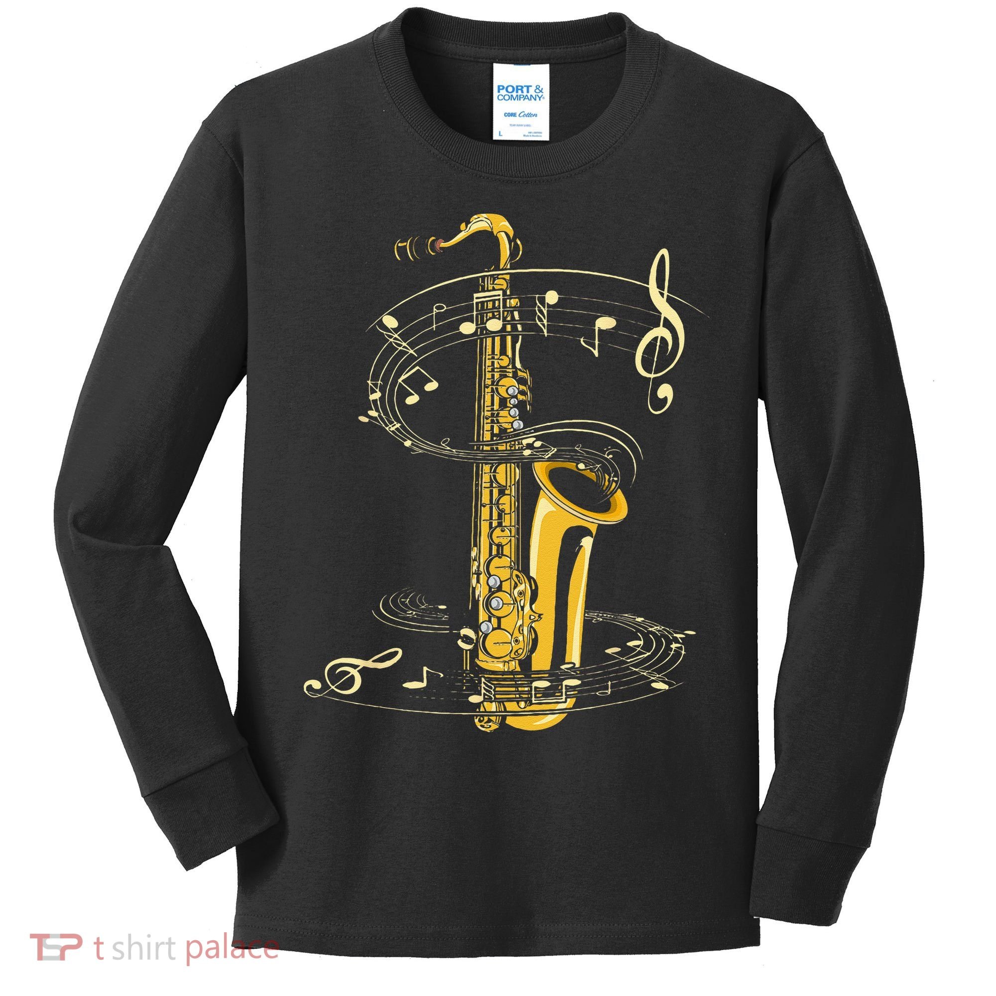 Music Notes Treble Clef Saxophonist Jazz Musician Saxophone Kids Long Sleeve Shirt