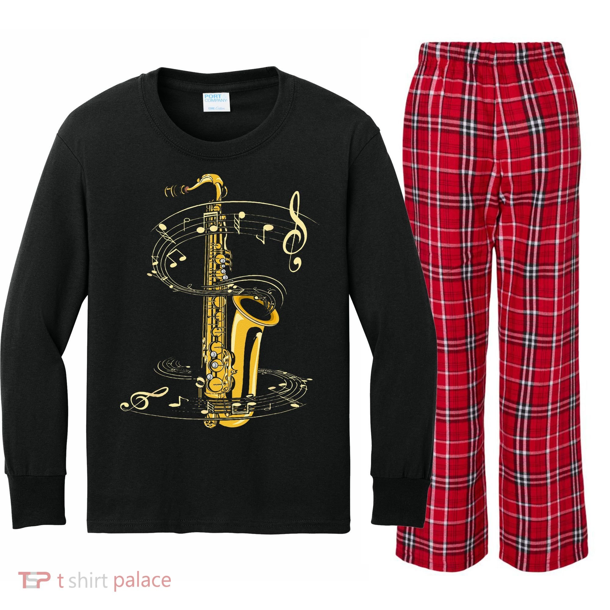 Music Notes Treble Clef Saxophonist Jazz Musician Saxophone Kids Long Sleeve Plaid Pajama Set