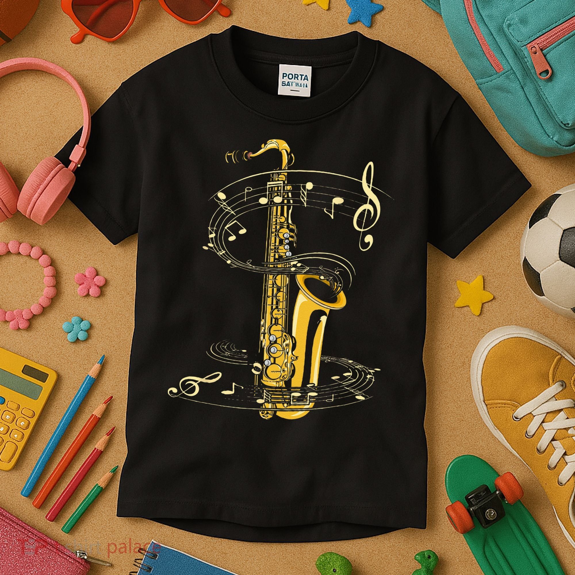 Music Notes Treble Clef Saxophonist Jazz Musician Saxophone Kids T-Shirt
