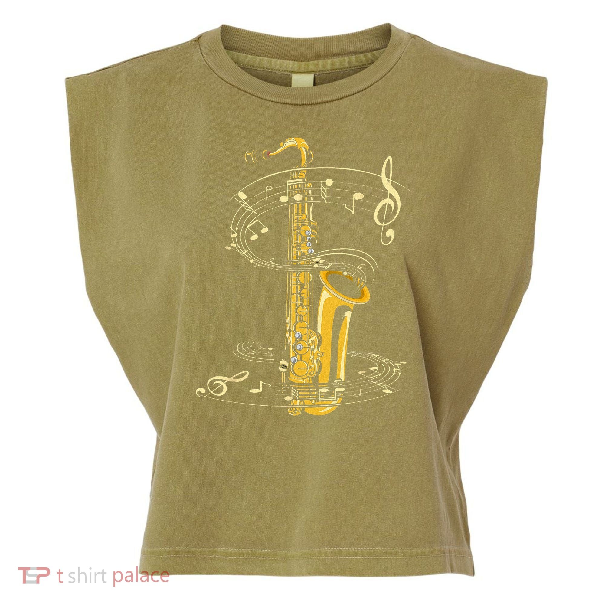 Music Notes Treble Clef Saxophonist Jazz Musician Saxophone Garment-Dyed Women's Muscle Tee