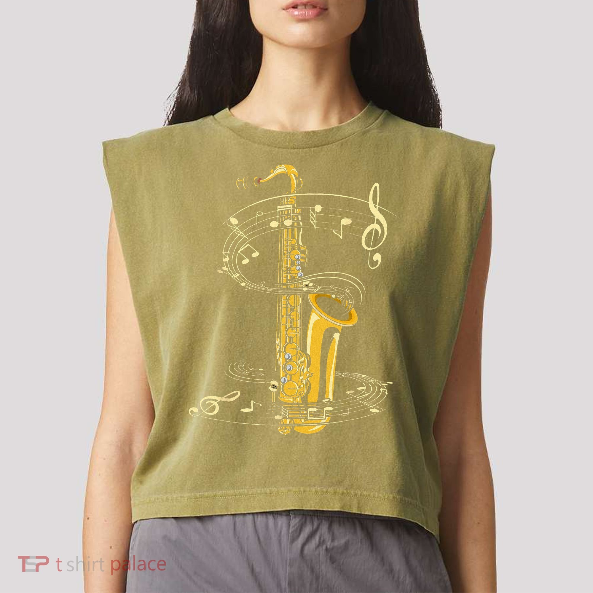 Music Notes Treble Clef Saxophonist Jazz Musician Saxophone Garment-Dyed Women's Muscle Tee