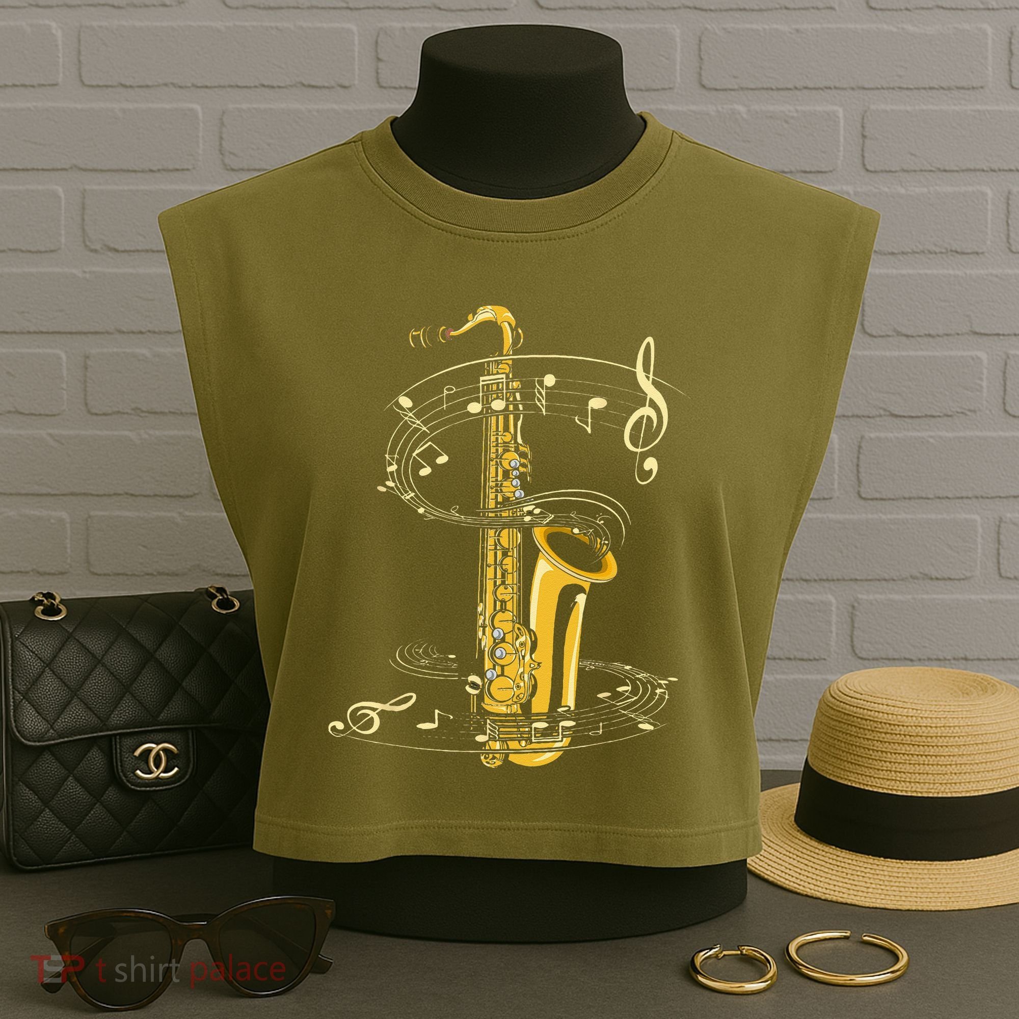Music Notes Treble Clef Saxophonist Jazz Musician Saxophone Garment-Dyed Women's Muscle Tee