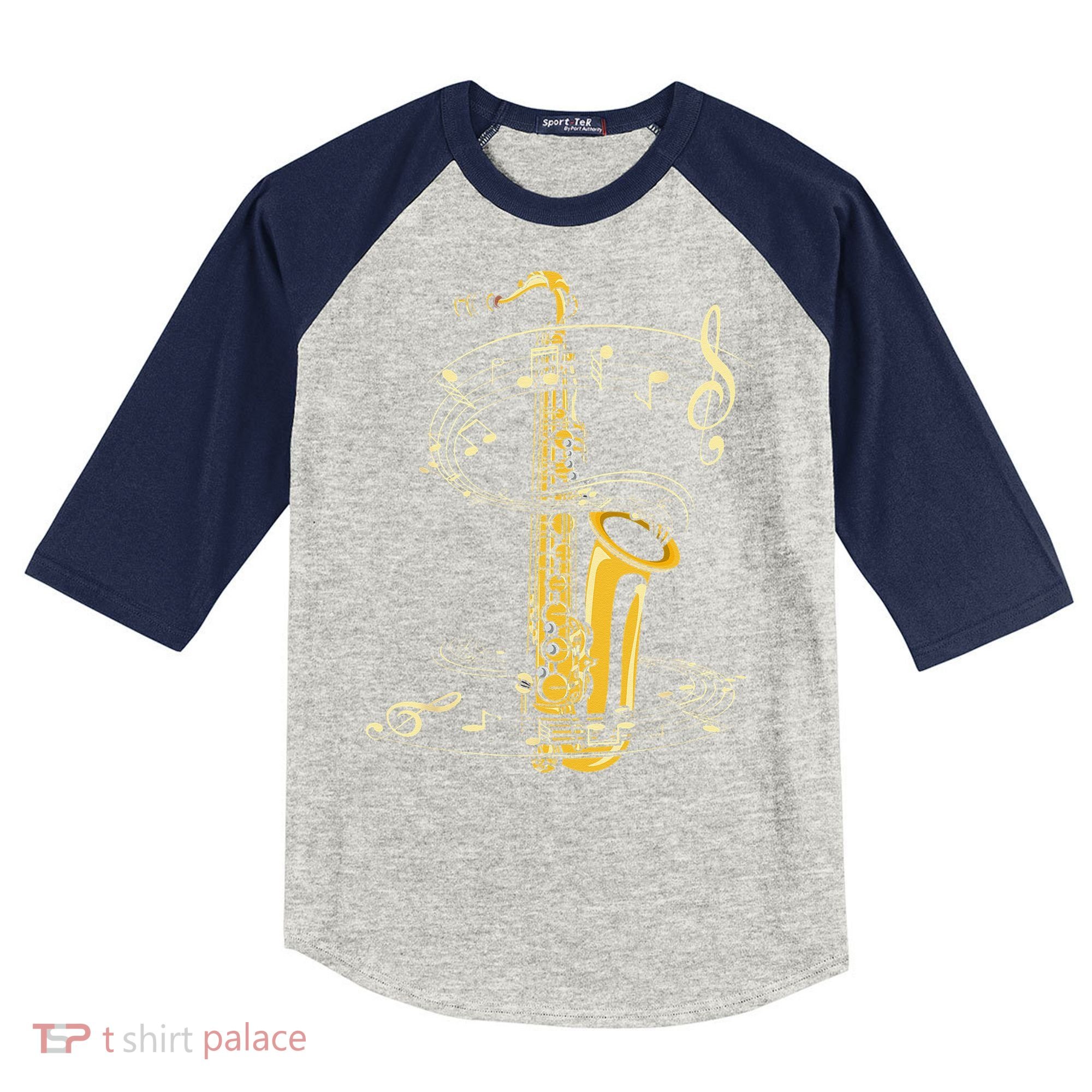 Music Notes Treble Clef Saxophonist Jazz Musician Saxophone Kids Colorblock Raglan Jersey