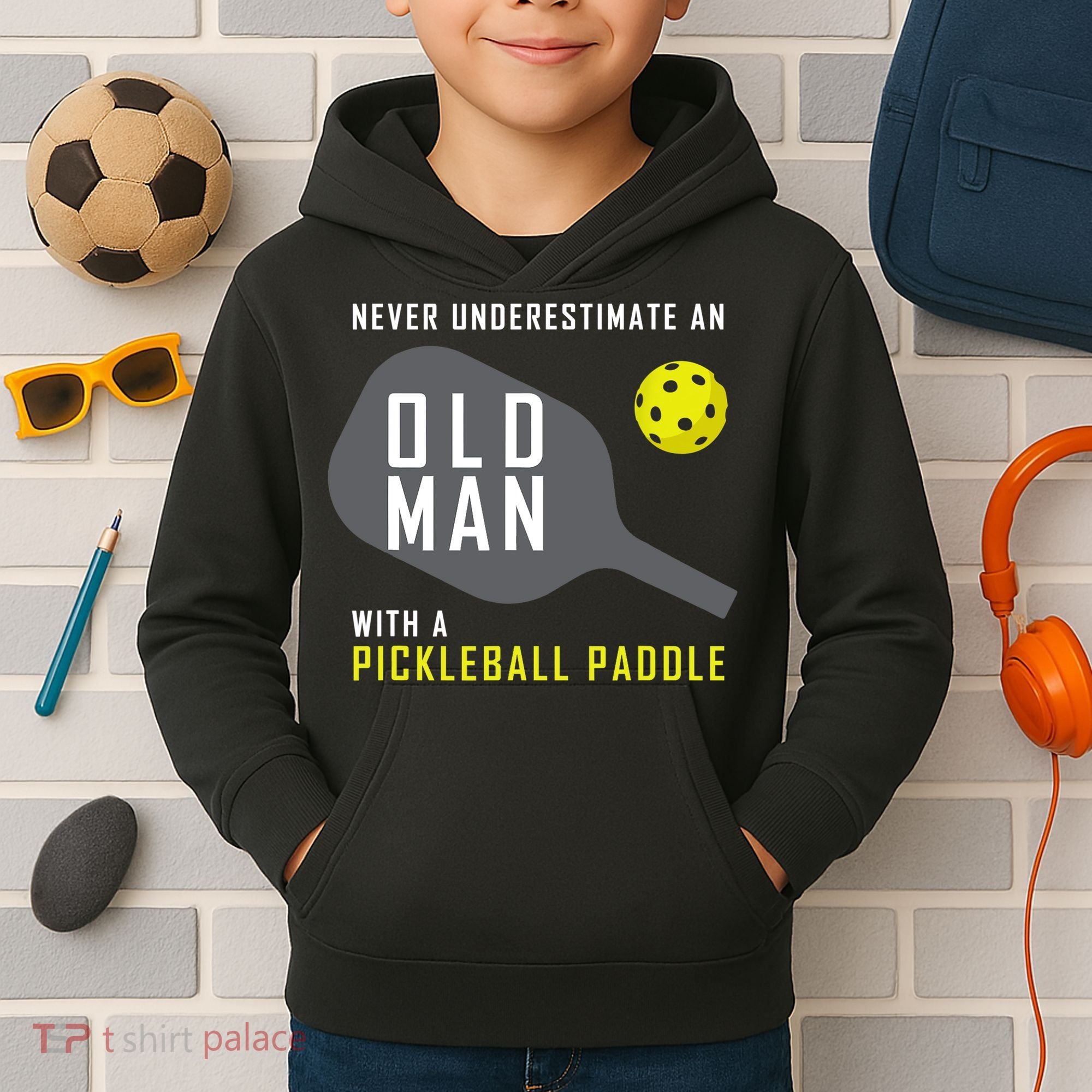 Mens Never Underestimate An Old Man Pickleball Paddle Gift TShirt Kids Hoodie