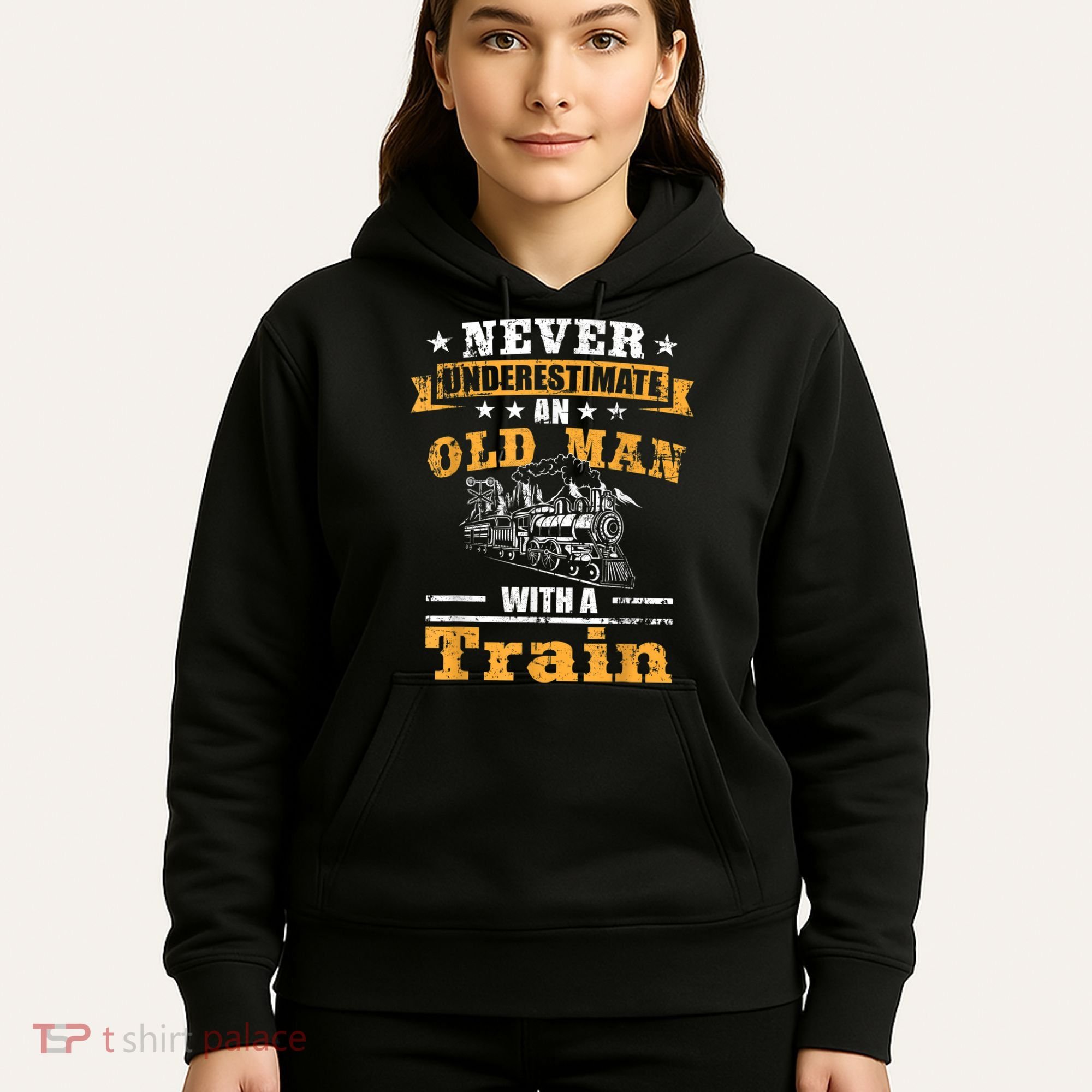 Mens Never Underestimate An Old Man Railroad Collector Train Hoodie