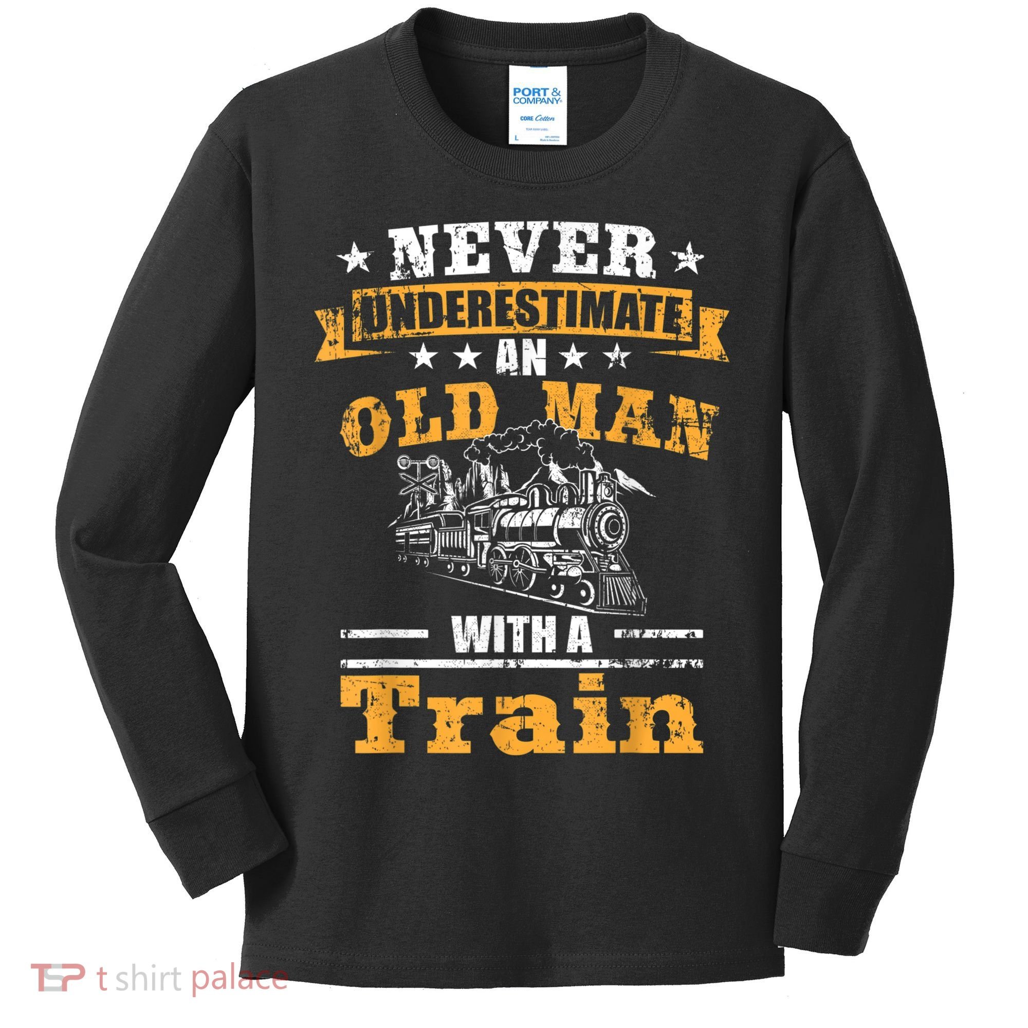 Mens Never Underestimate An Old Man Railroad Collector Train Kids Long Sleeve Shirt