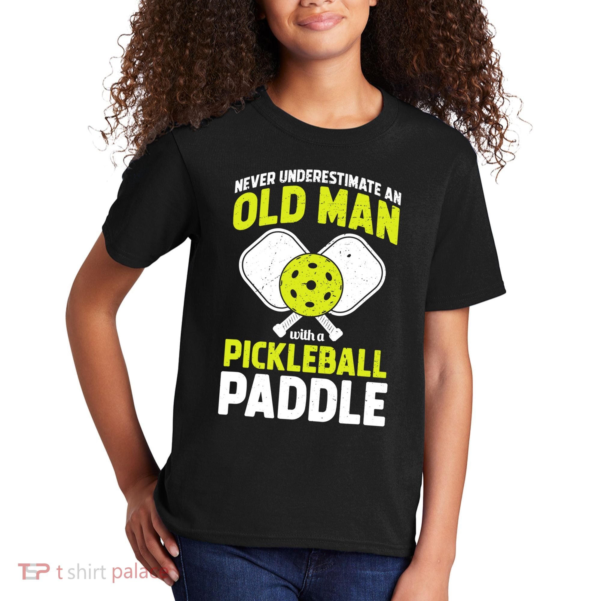 Mens Never Underestimate Old Man Funny Pickleball Paddle Gift TShirt Kids T-Shirt