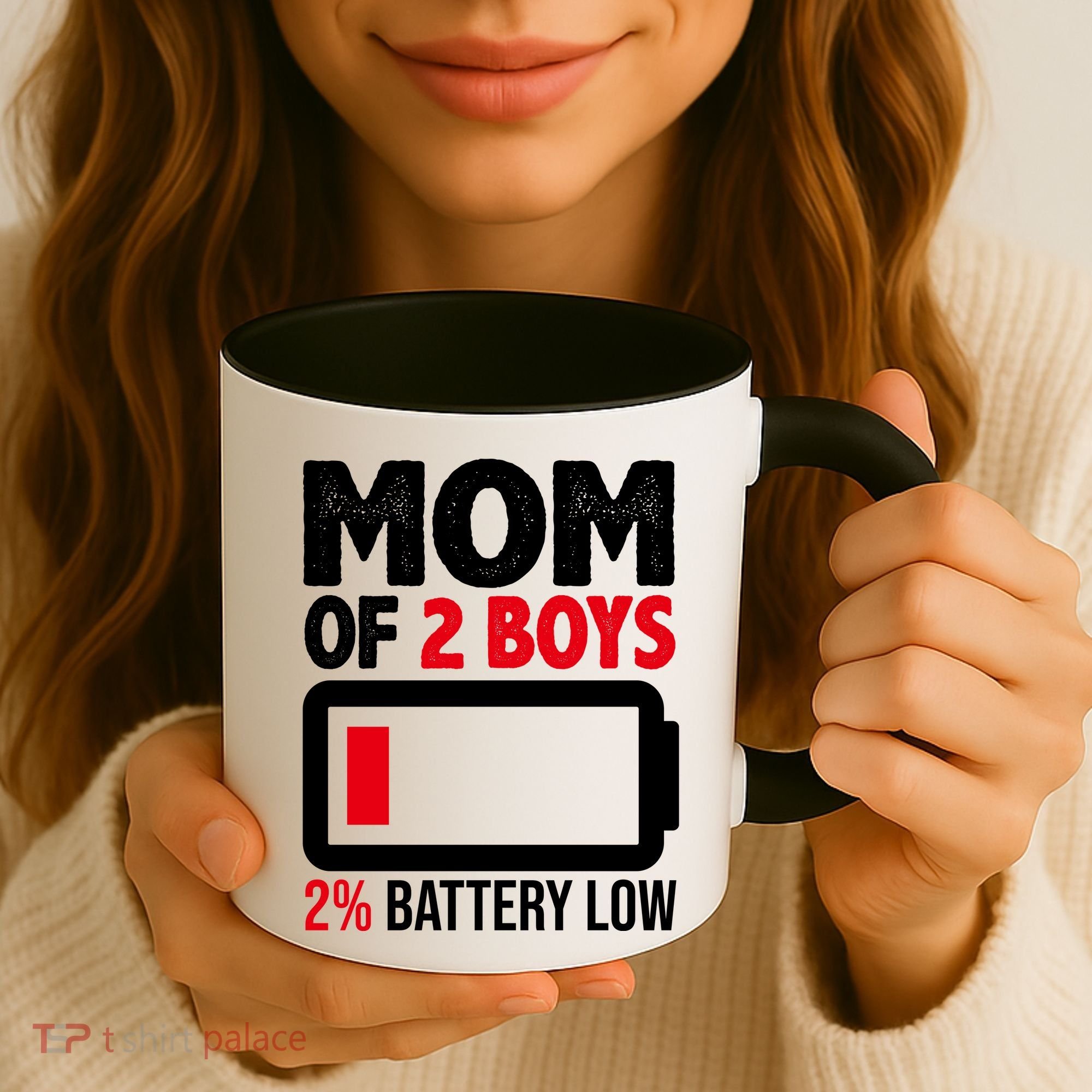 Mom Of 2 Boys 2 Percent Battery Low Funny Coffee Mug
