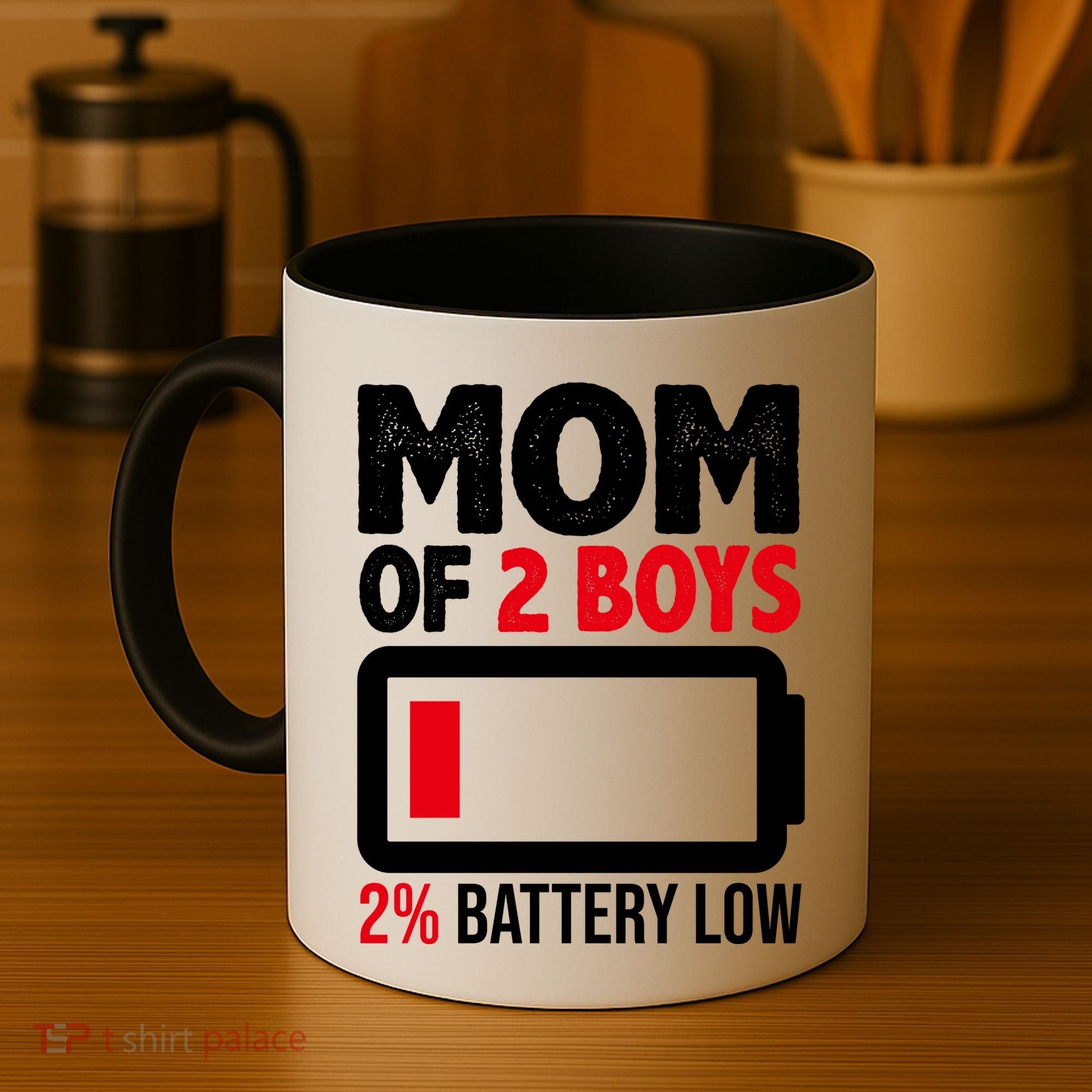 Mom Of 2 Boys 2 Percent Battery Low Funny Coffee Mug