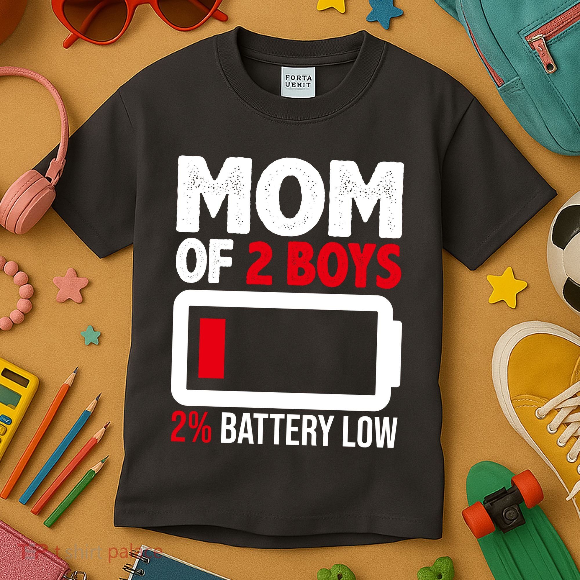 Mom Of 2 Boys 2 Percent Battery Low Funny Kids T-Shirt