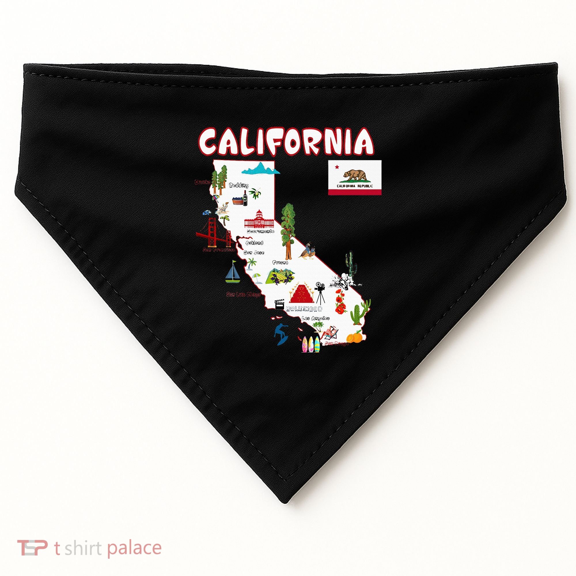 Map Of California Landmarks Major Cities Flag USA-Made Doggie Bandana
