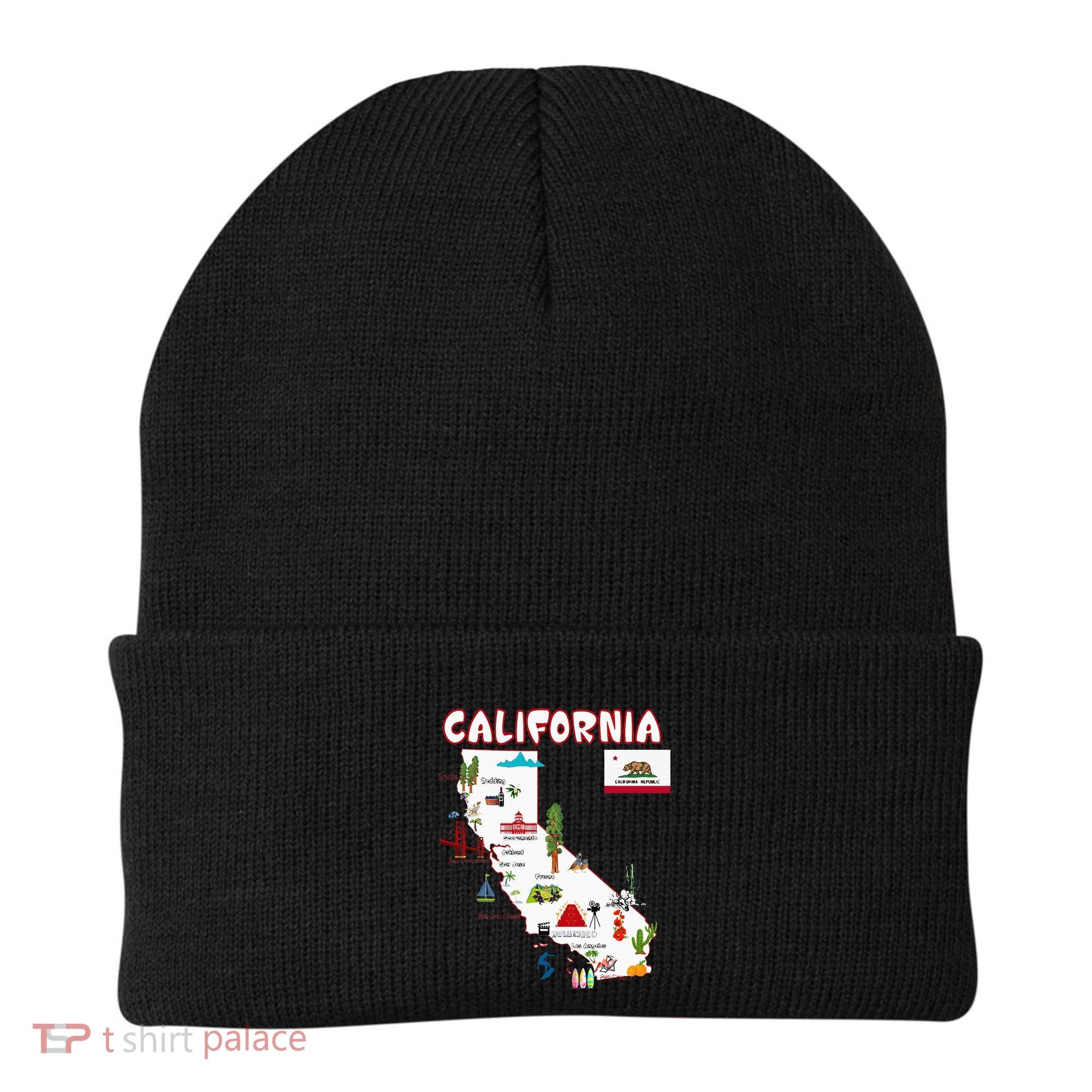 Map Of California Landmarks Major Cities Flag Beanie
