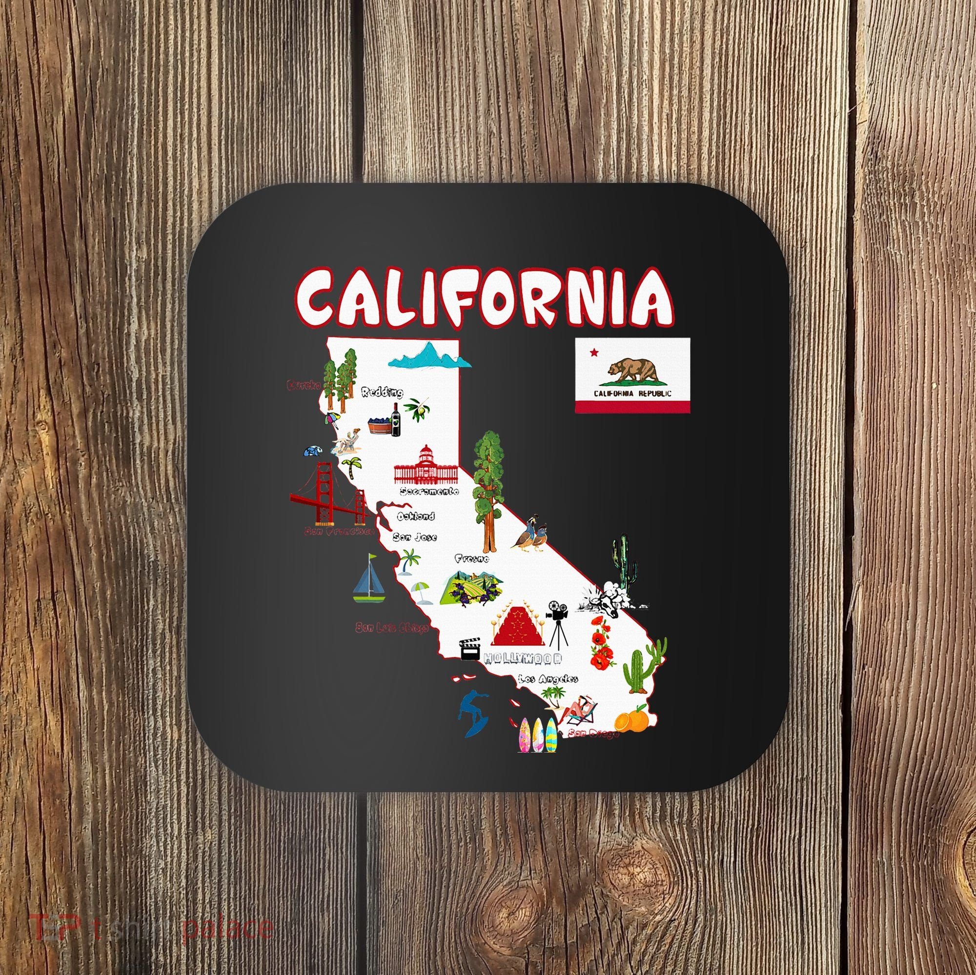 Map Of California Landmarks Major Cities Flag Coaster