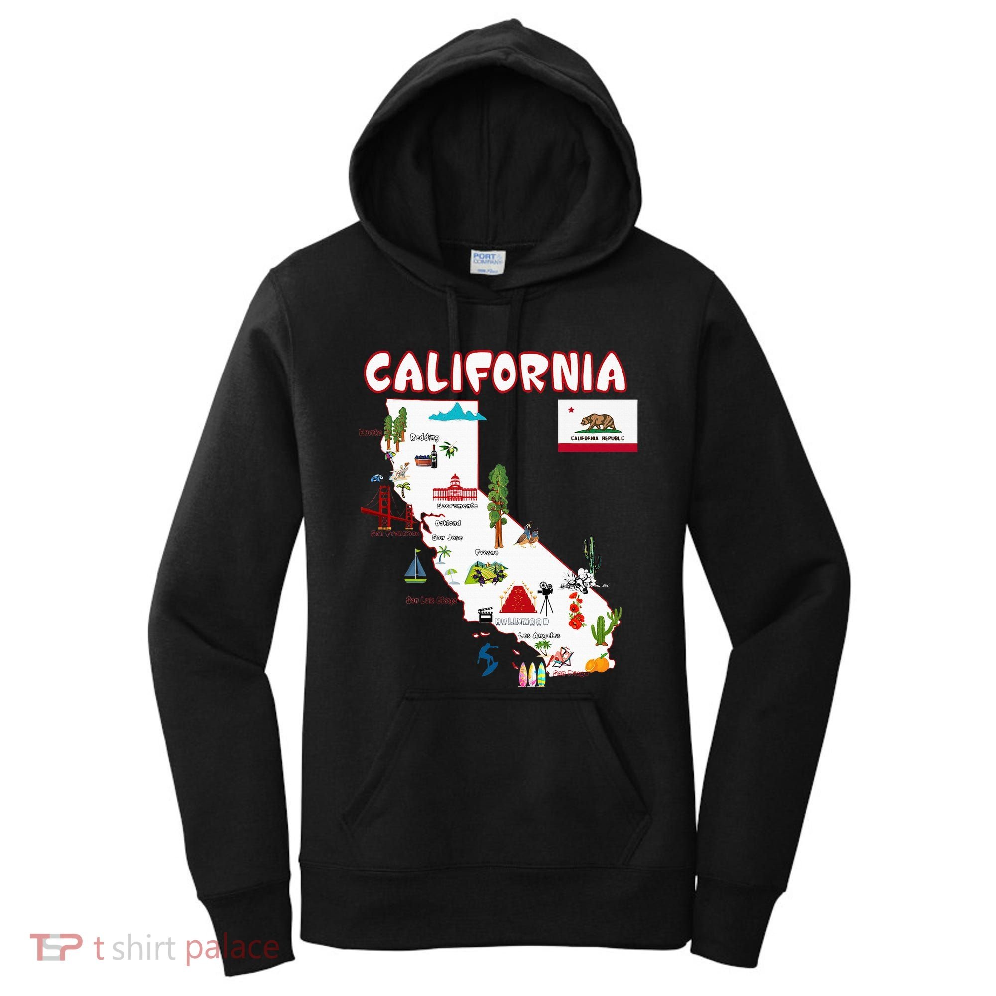 Map Of California Landmarks Major Cities Flag Women's Hoodie