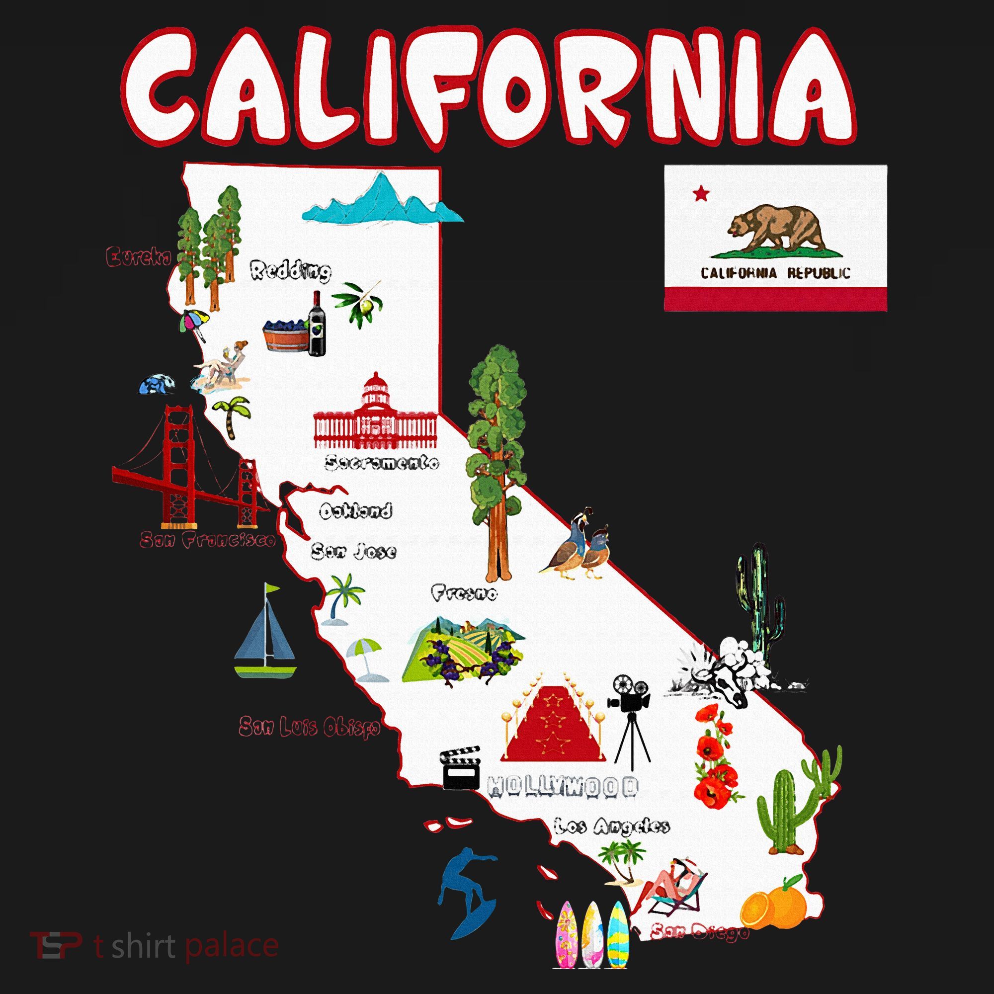 Map Of California Landmarks Major Cities Flag Women's Hoodie