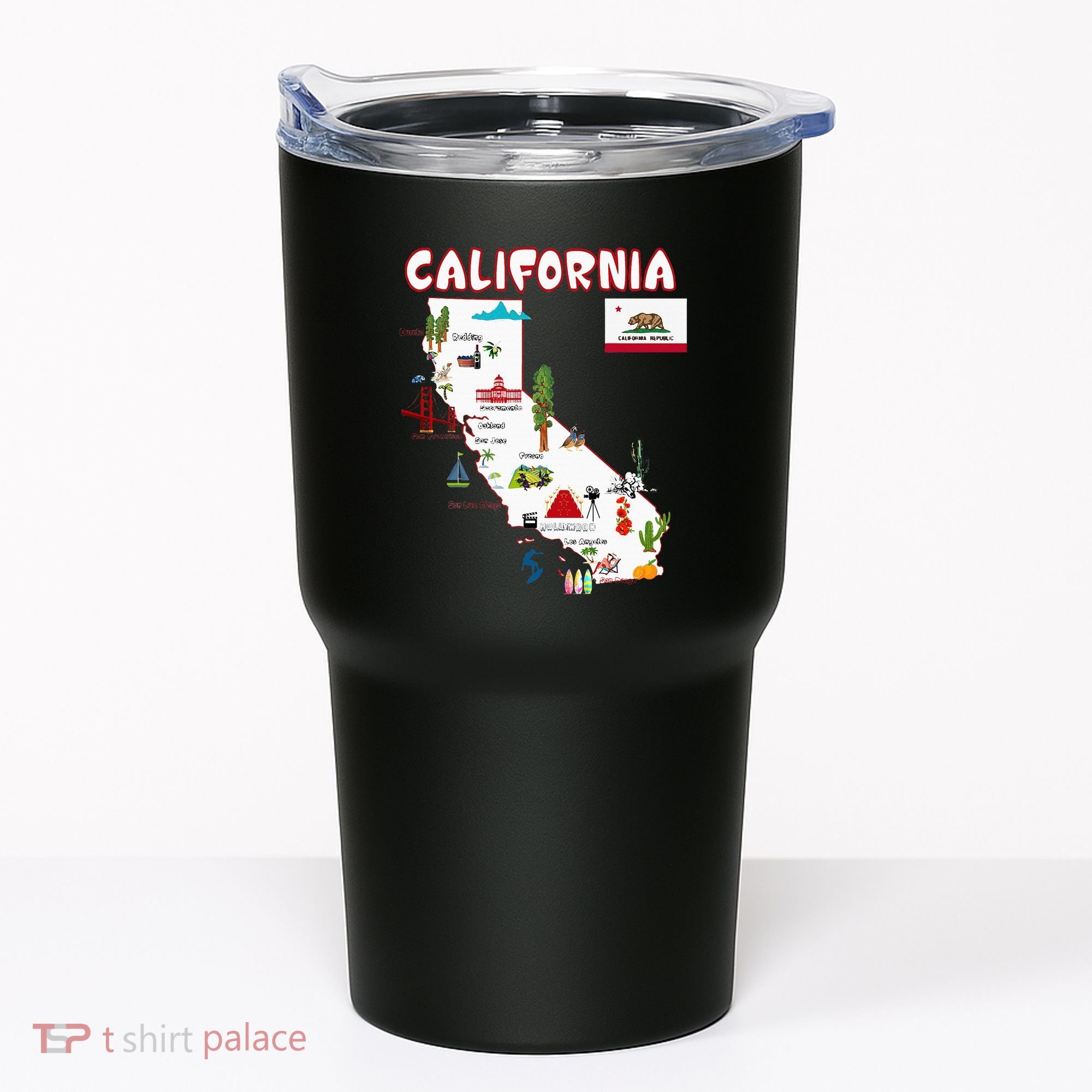 Map Of California Landmarks Major Cities Flag Tumbler